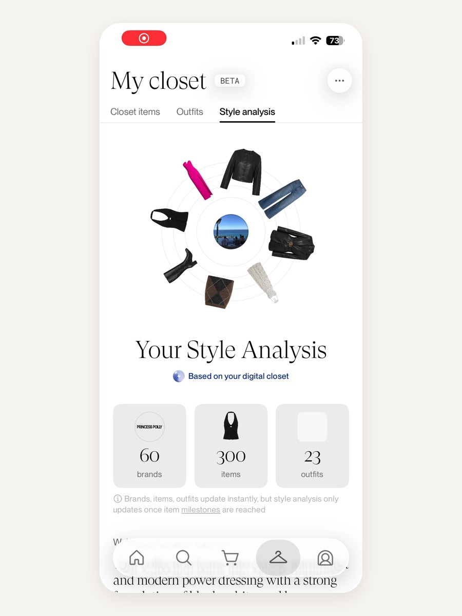 Phia Your Style Analysis tab with counts of brands, items and outfits