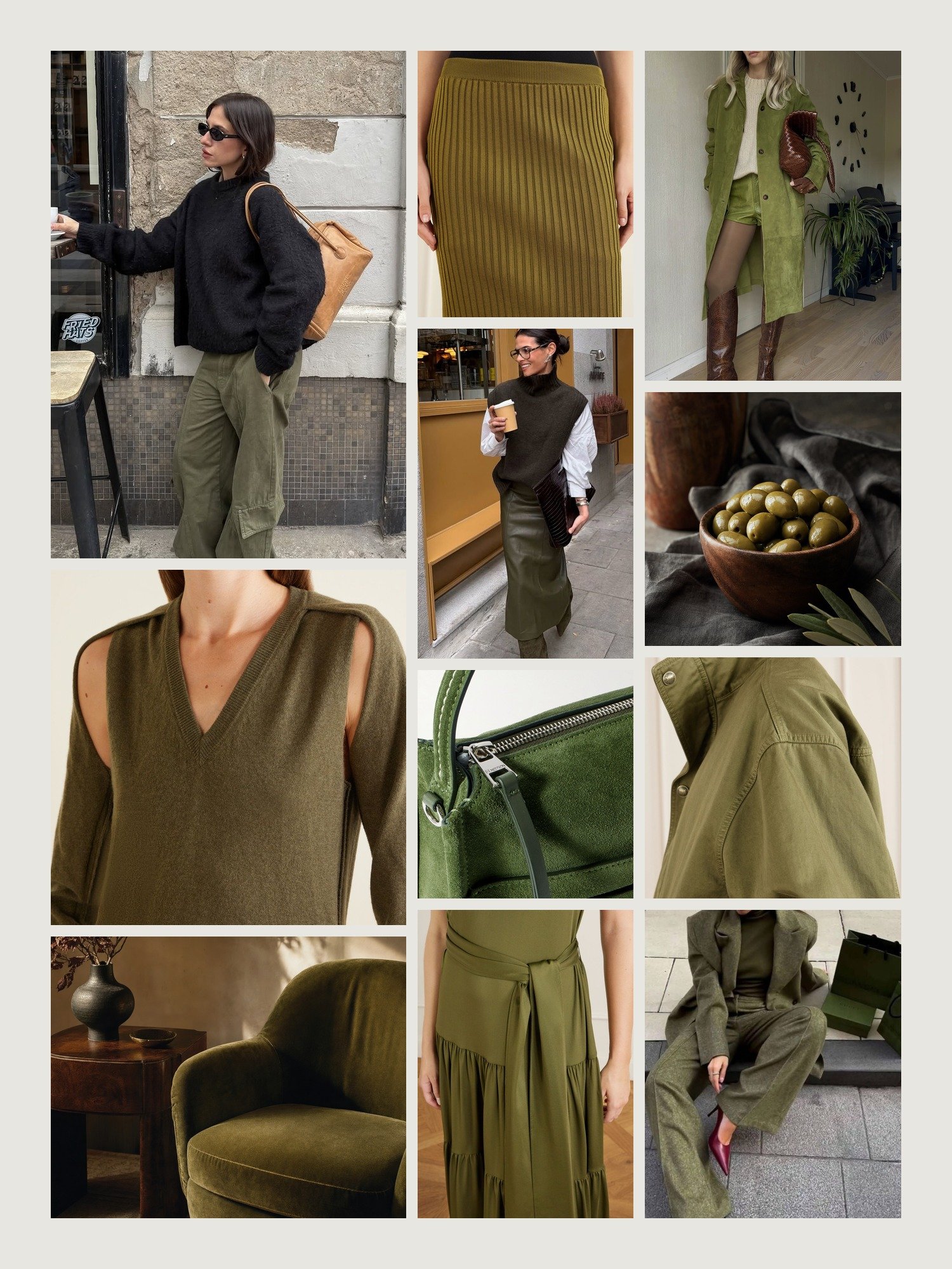 Mood board for olive green and chocolate brown outfits: four street-style photos of women wearing olive green and chocolate brown, close-ups of the Jil Sander cashmere sweater, the Balmain maxi skirt, the JW Anderson shoulder bag, the Altuzarra maxi dress and the Nili Lotan blouson jacket from this edit, and two still lifes in both colors