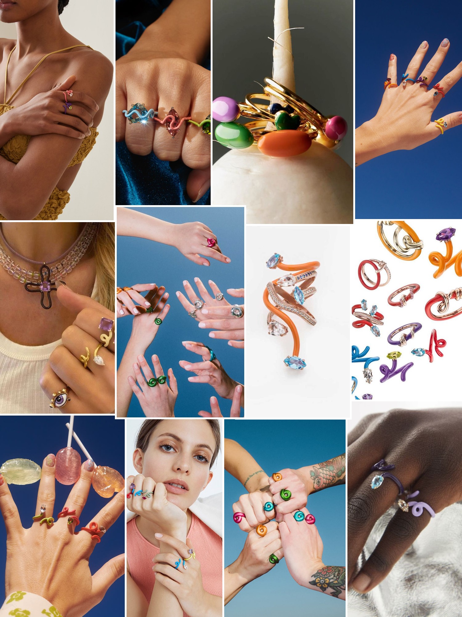 Collage of rings, earrings and layered necklaces worn up close, in the spirit of Bea Bongiasca