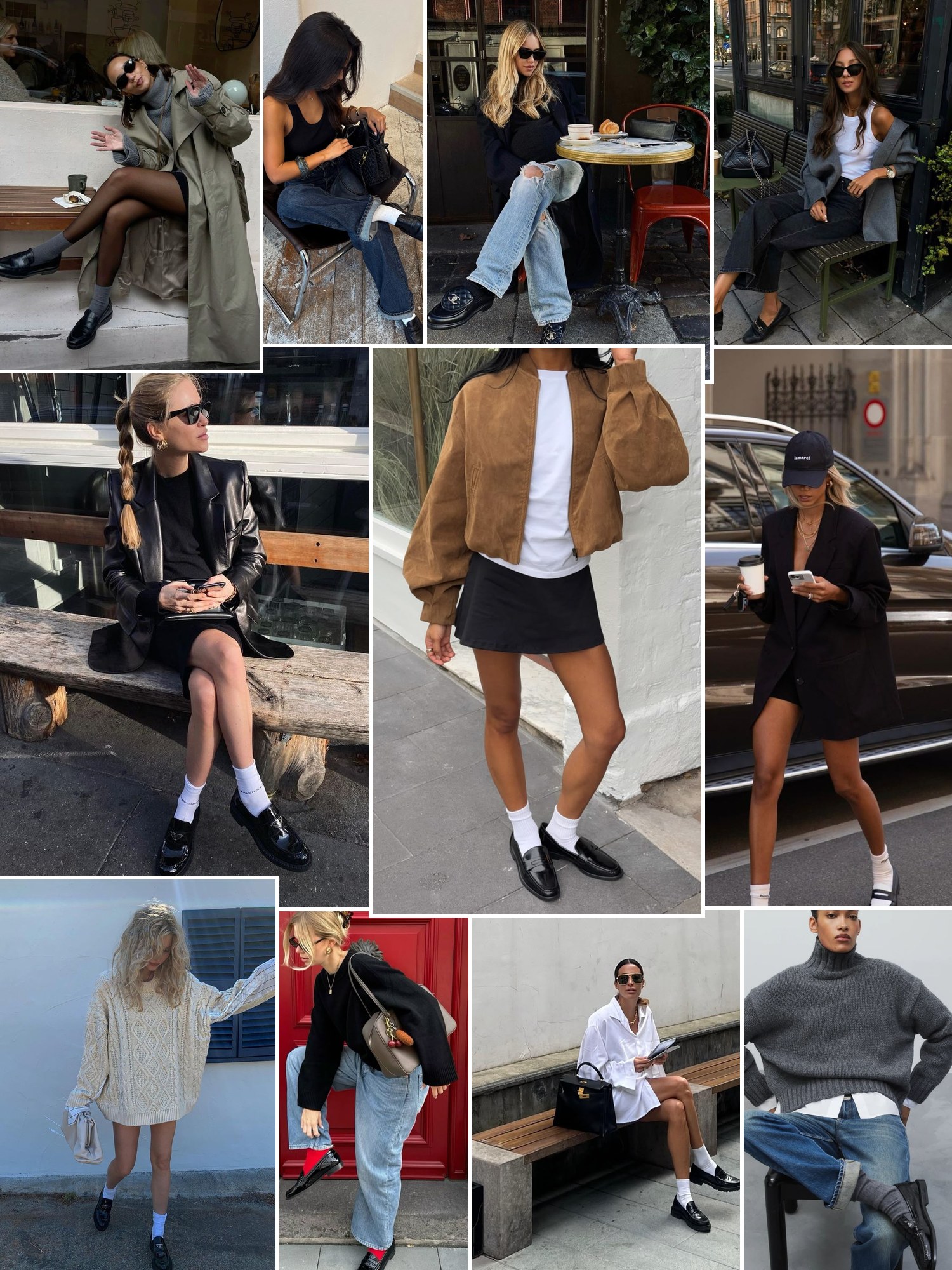 Collage of everyday outfits built around black loafers