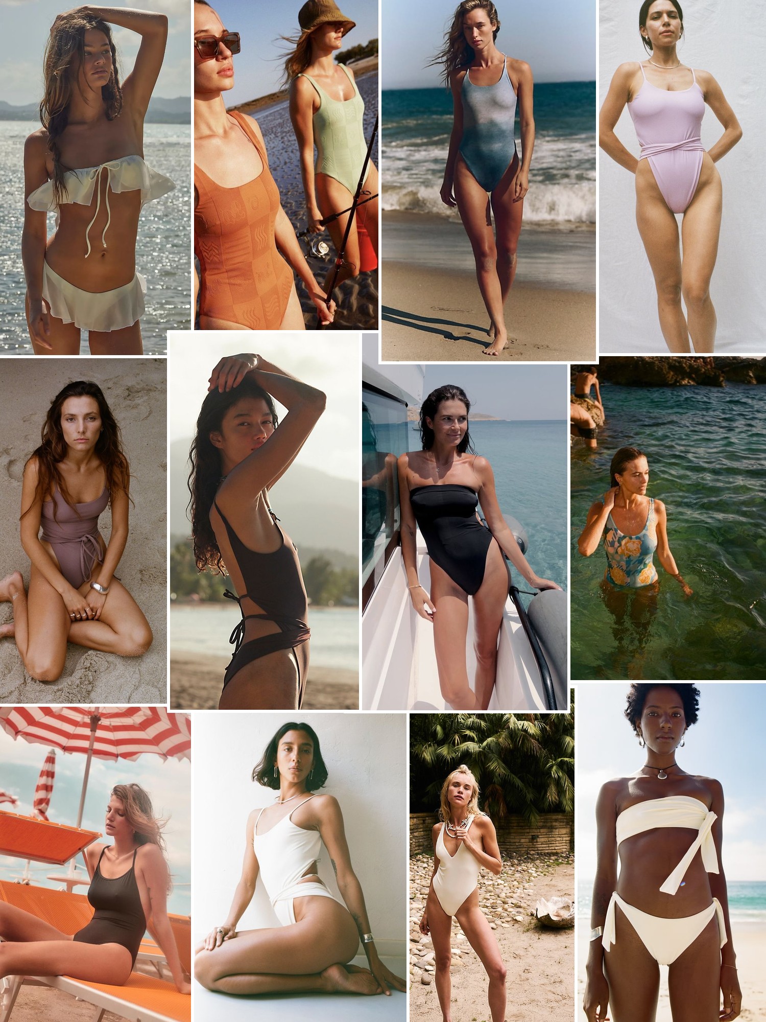 Collage of swimwear on sunlit beaches and by the water, in the spirit of MARE PERPETUA