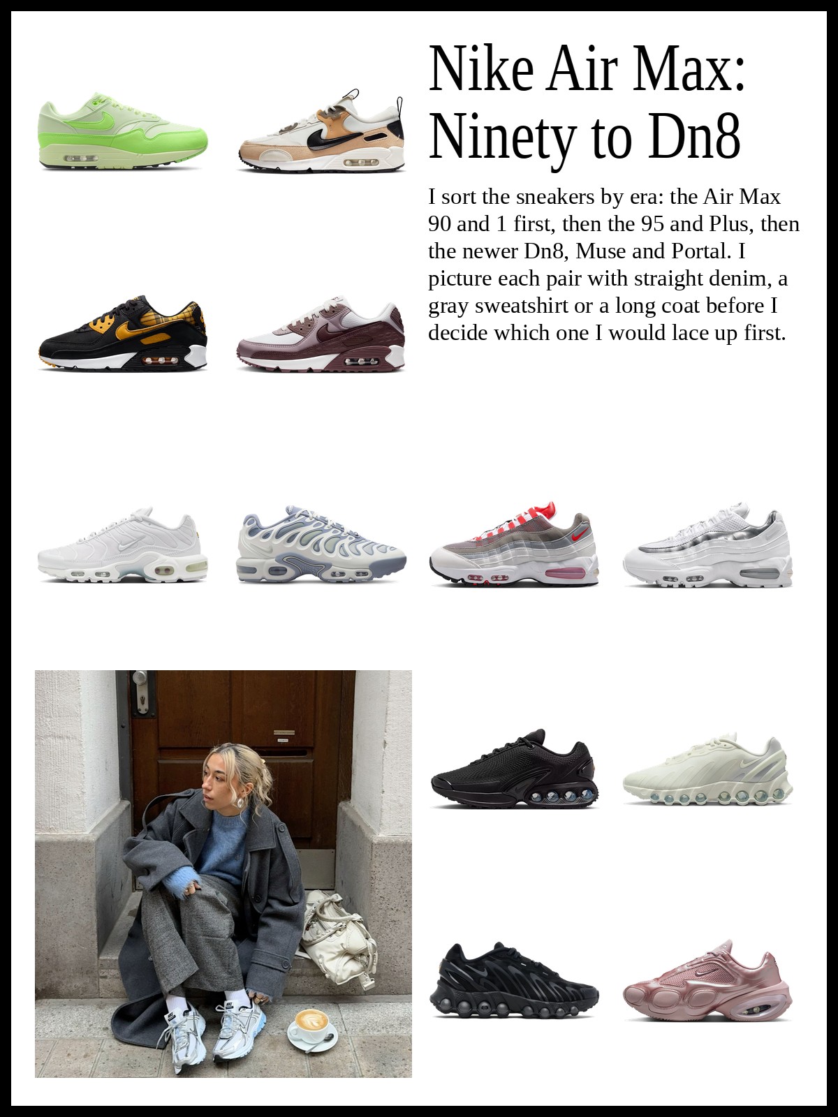 Collage of Air Max 90 and Air Max 1 sneakers, Air Max 95 and Air Max Plus sneakers, and Air Max Dn8, Muse and Portal sneakers, and a mood photo of a gray coat, wool trousers and silver runners on a doorstep