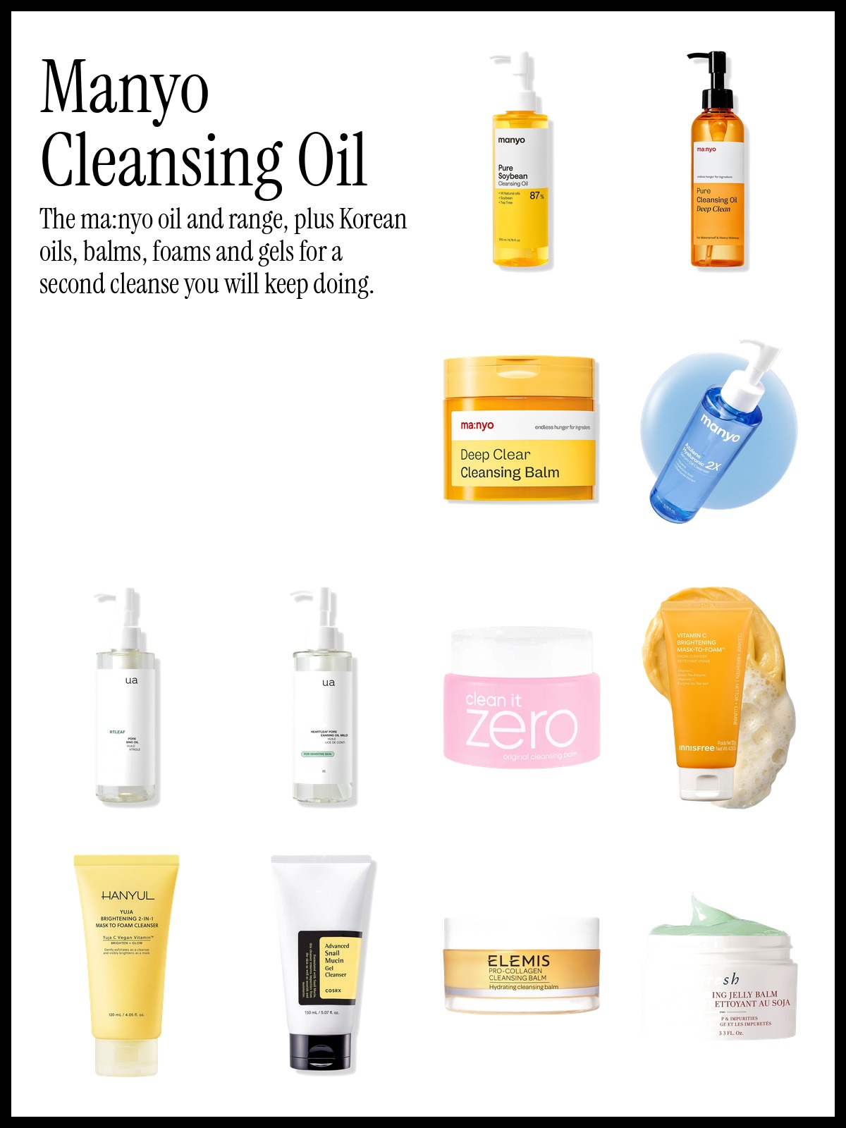 Collage of ma:nyo Pure Soybean Cleansing Oil, Anua Heartleaf Pore Control Cleansing Oil and innisfree Vitamin C Mask-to-Foam Cleanser.