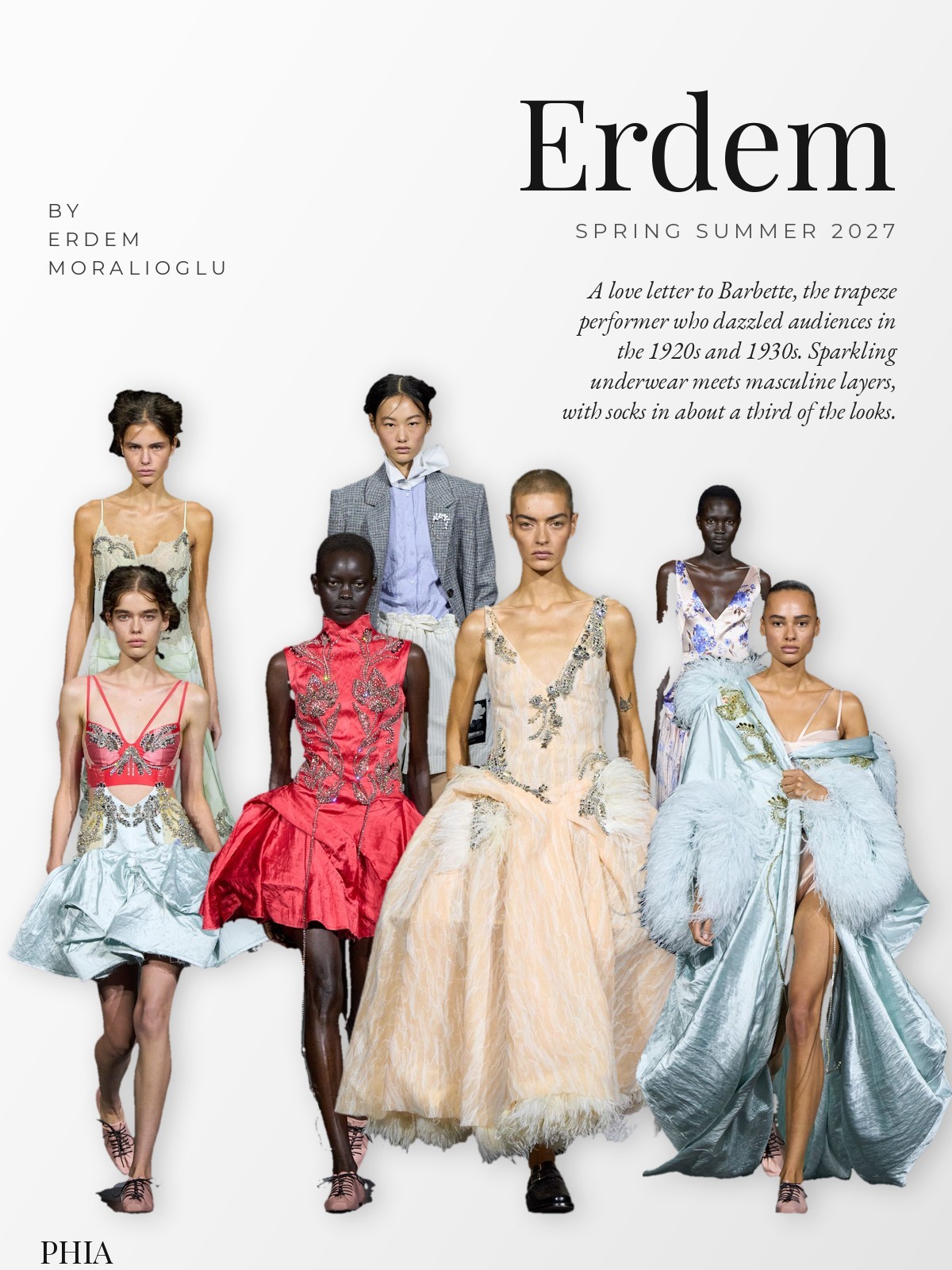 Collage: Erdem Spring 2027 runway looks grouped under the designer name