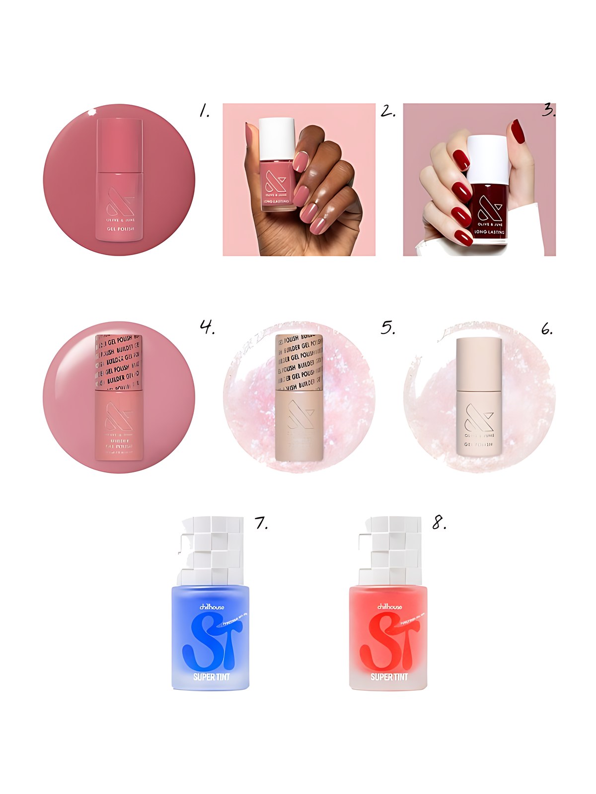 Numbered collage: 1. Olive & June Boysenberry Glass - Gel; 2. Olive & June Boysenberry Glass; 3. Olive & June Garnet Glass; 4. Olive & June Blush Jelly - Builder Gel; 5. Olive & June Rose Glaze - Builder Gel; 6. Olive & June Soft Tint Gel; 7. Chillhouse SuperStrength - Blueberry Dew; 8. Chillhouse SuperCondition - Rosewater