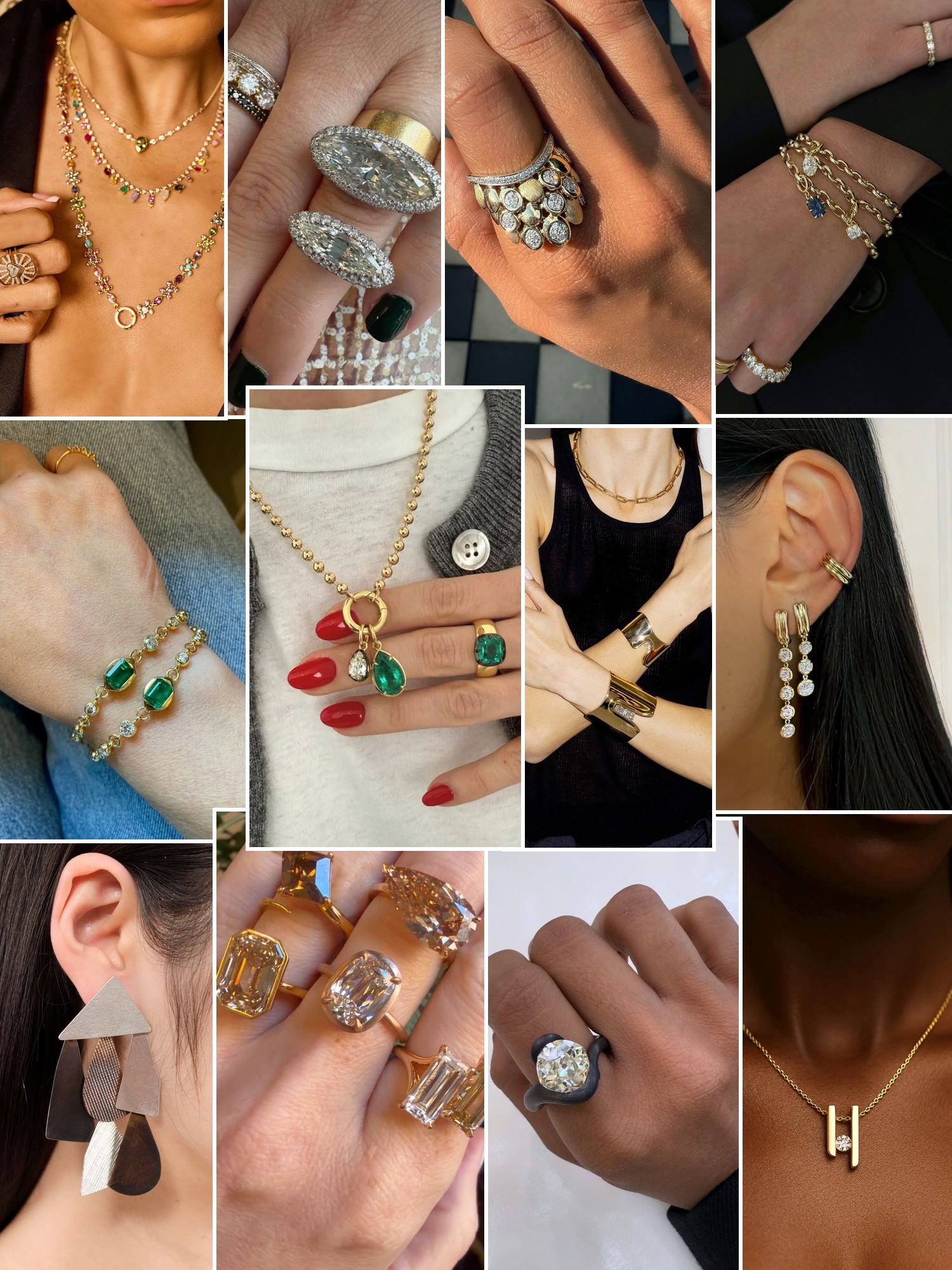 Collage of rings, earrings and layered necklaces worn up close, in the spirit of Keane