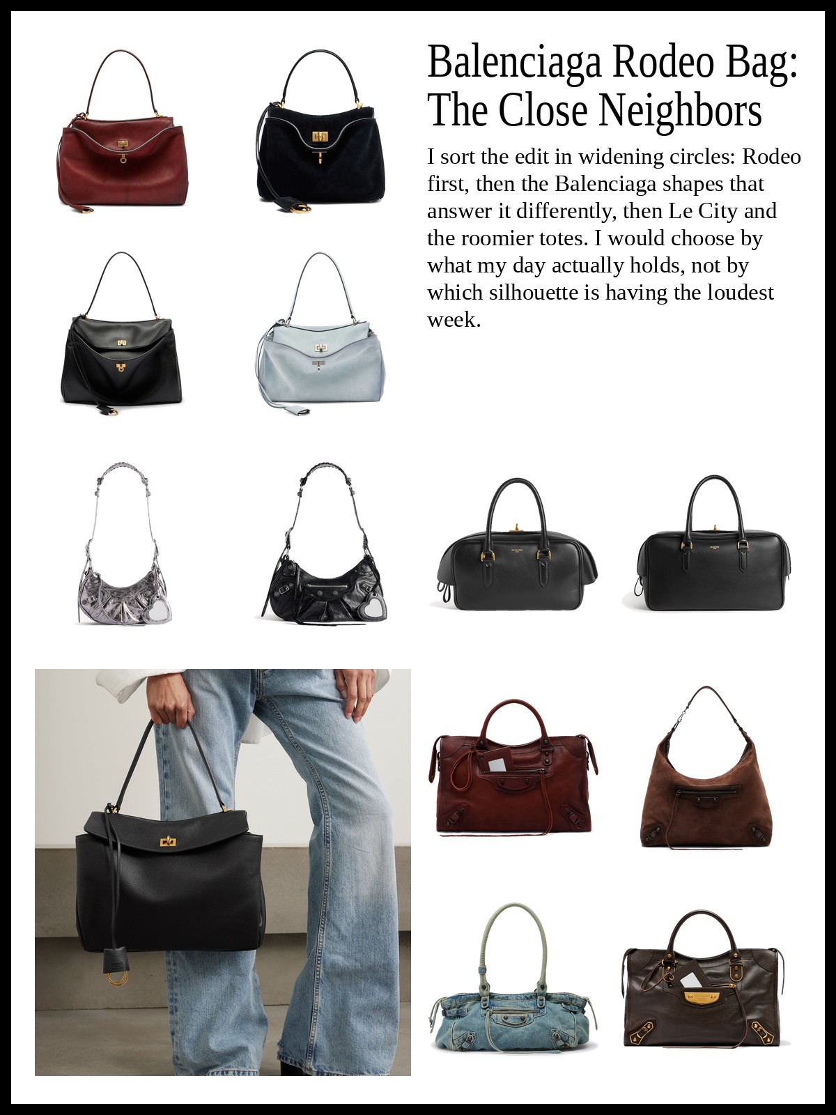 Collage of Rodeo bags in multiple sizes, Le Cagole, Le 7, Hourglass and Fan bags, Le City bags and Balenciaga totes