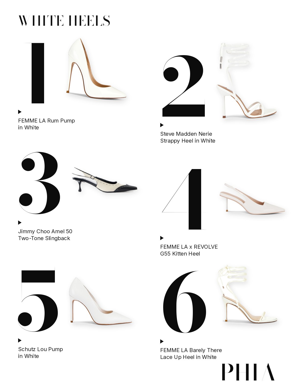 Big numbers collage for White Heels: six products from FEMME LA, Steve Madden, Jimmy Choo and Schutz, each set beside a large numeral