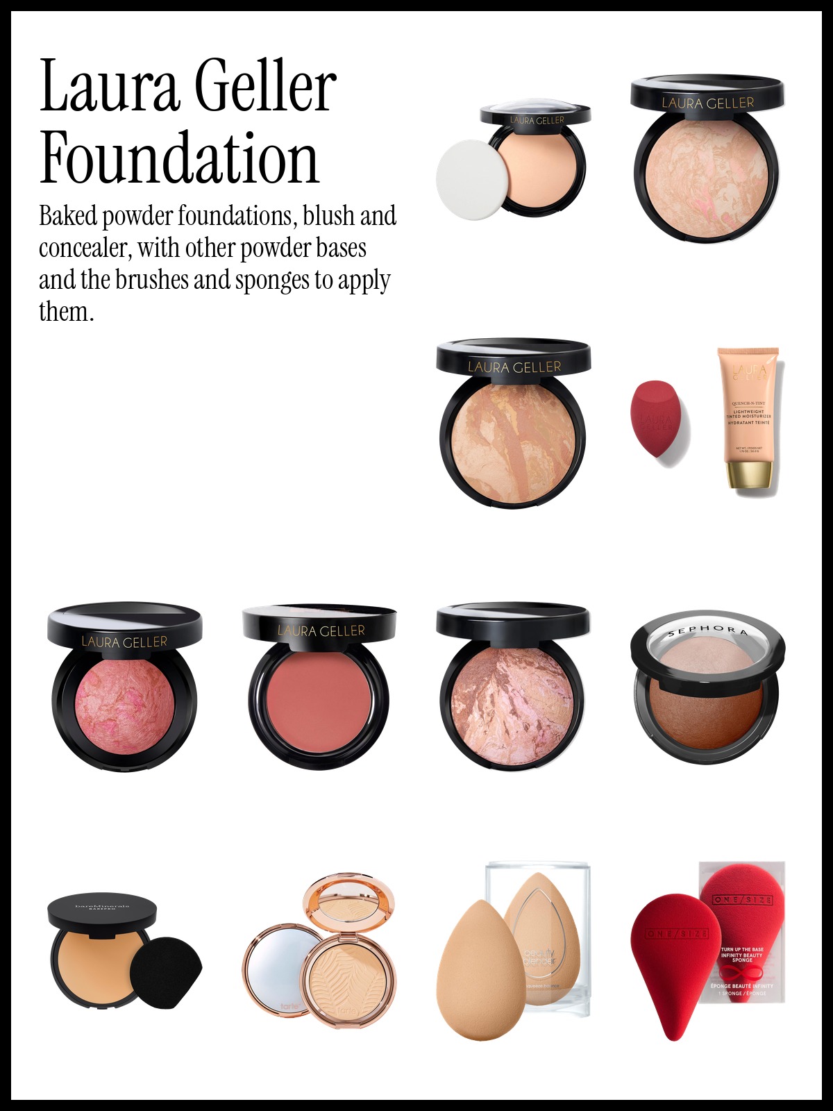Collage of Laura Geller Double Take Baked Powder Foundation, Laura Geller Blush and Brighten Marbleized Baked Powder Blush and Sephora Collection Microsmooth Baked Face Powder Foundation