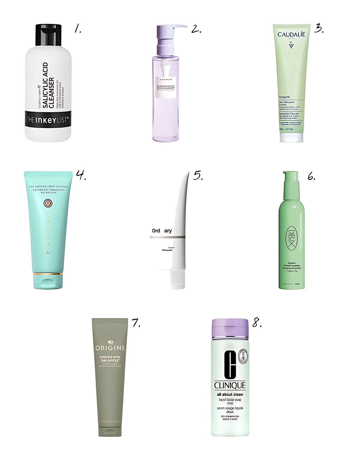 Numbered collage: 1. The INKEY List Salicylic Acid Acne + Blackhead Cleanser; 2. Glow Recipe Blueberry Bounce Gentle Cleanser; 3. Caudalie Vinopure Pore Purifying Gel Cleanser; 4. Tatcha The Matcha Foam Pore-Refining & Oil-Balancing Prebiotic Gel Cleanser; 5. The Ordinary Glucoside Gentle Foaming Cleanser for Oily Skin; 6. Dieux Baptism Hydrating + Pore Clarifying Gentle Foaming Gel Cleanser; 7. Origins Checks and Balances Frothy Face Wash Gentle Cleanser; 8. Clinique All About Clean Liquid Facial Soap Gentle Cleanser