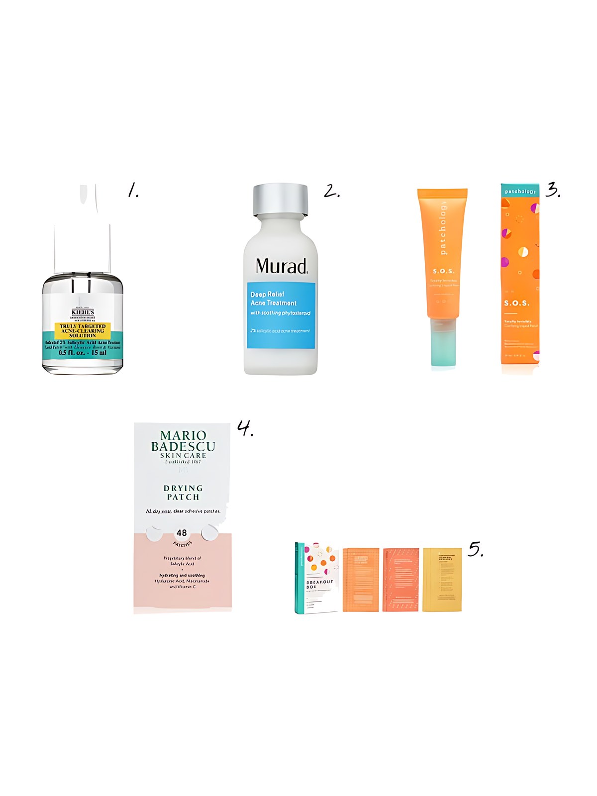 Numbered collage: 1. Kiehl's Since 1851 Truly Targeted Acne-Clearing Liquid Pimple Patch with Salicylic Acid; 2. Murad Deep Relief Acne Treatment with Salicylic Acid Liquid Pimple Patch for Painful Acne; 3. Patchology S.O.S. Totally Invisible Clarifying Liquid Patch 0.67 oz.; 4. Mario Badescu Drying Patch; 5. Patchology Breakout Box 3 in 1 Acne Treatment Kit