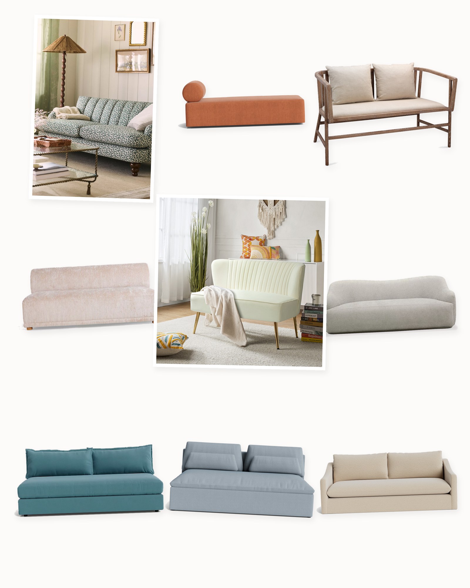Collage on an off-white background showing Octavia Upholstered Sofa (72"-96"), Nelja Modular Loveseat by Sarah Sherman Samuel, Sloman Modular Armless Sofa, Orla 79" Curved Linen-Blend Sofa, Denver Modular Armless Loveseat, Celine Corduroy Modular Armless Sofa, Channel Tufted 76" Irena Sofa, Sawni Settee and Leona 47" Velvet 2-Seat Armless Loveseat.
