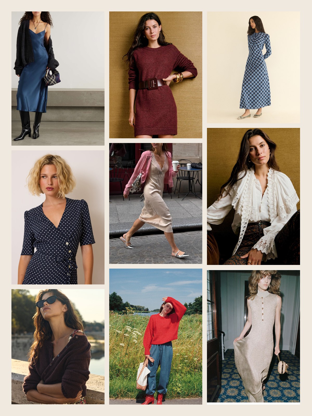 Mood board of dresses and separates: a navy slip dress with a cardigan, a polka dot wrap dress, a burgundy knit dress, a plaid maxi and a lace blouse