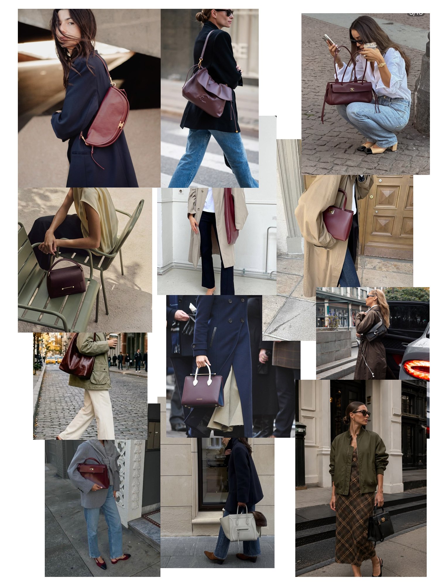 Street-style collage of 12 outfit photos featuring strathberry bag, scattered and overlapping