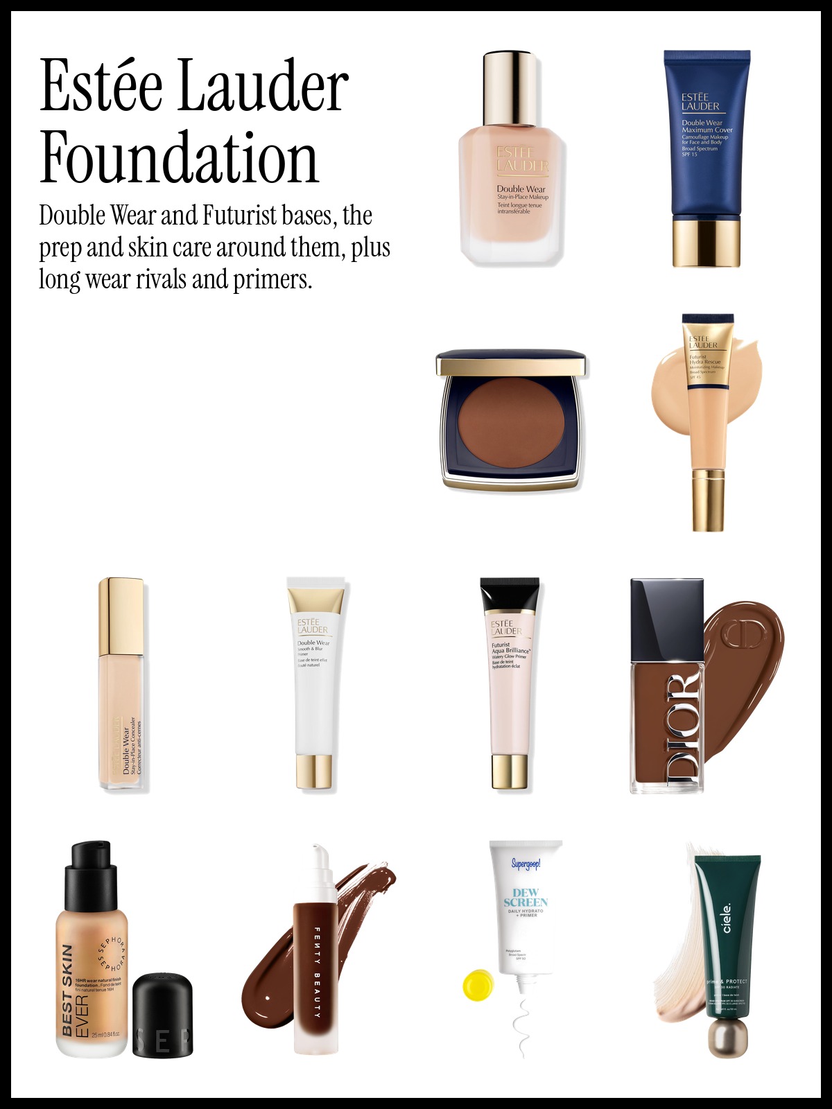 Collage of Estée Lauder Double Wear Longwear Matte Foundation, Double Wear Stay-in-Place Concealer and Dior Forever Skin Glow Foundation