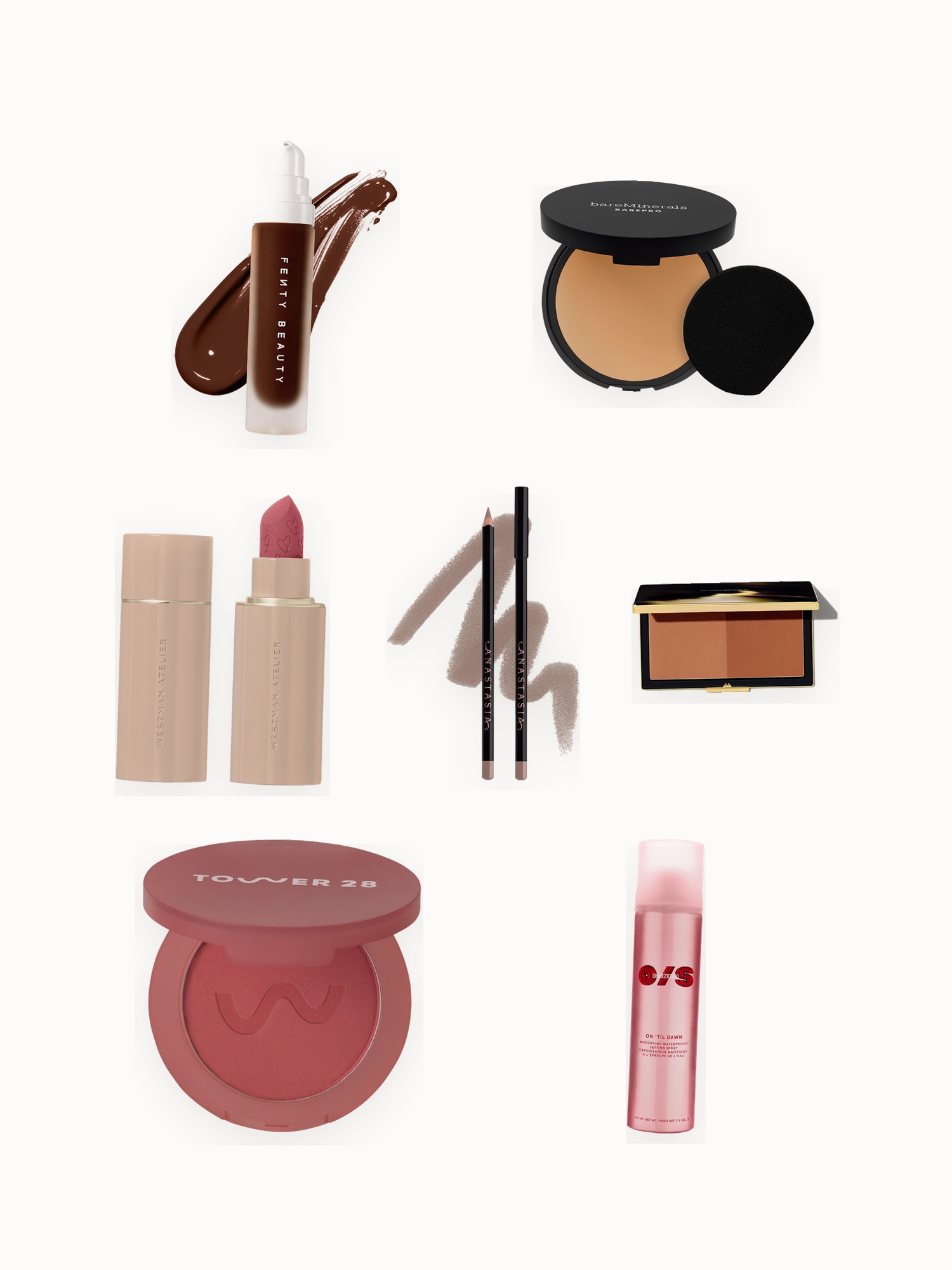Flat lay of matte foundations, a bronzing brick, matte lipstick, lip liner, powder blush and setting spray on an off-white background