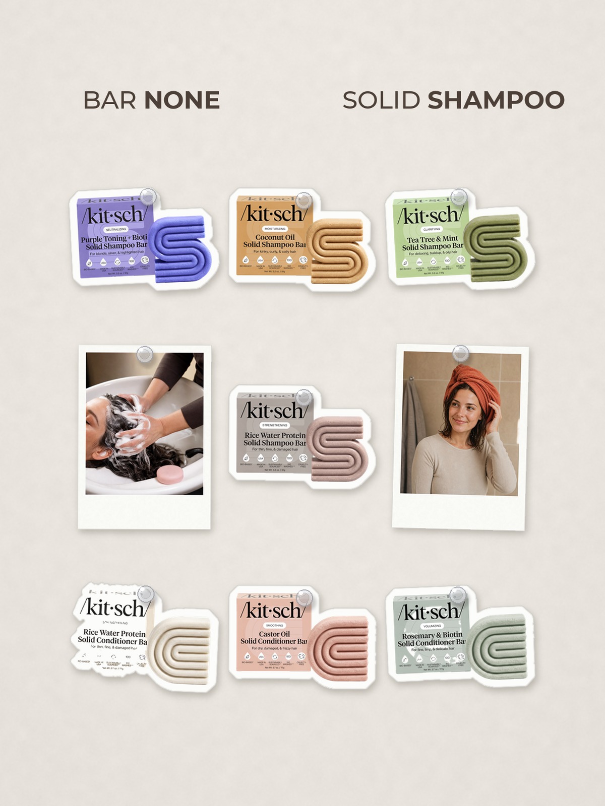 Cut-out product collage with two campaign-style photos: Kitsch Rice Water Shampoo Bar for Hair Growth; Kitsch Purple Toning Shampoo Bar for Color Treated & Grey Hair; Kitsch Coconut Oil Shampoo Bar for Dry Damaged Hair; Kitsch Tea Tree & Mint Clarifying Shampoo Bar; Kitsch Rice Water Conditioner Bar for Hair Growth; Kitsch Castor Oil Nourishing Conditioner Bar; Kitsch Rosemary & Biotin Volumizing Conditioner Bar