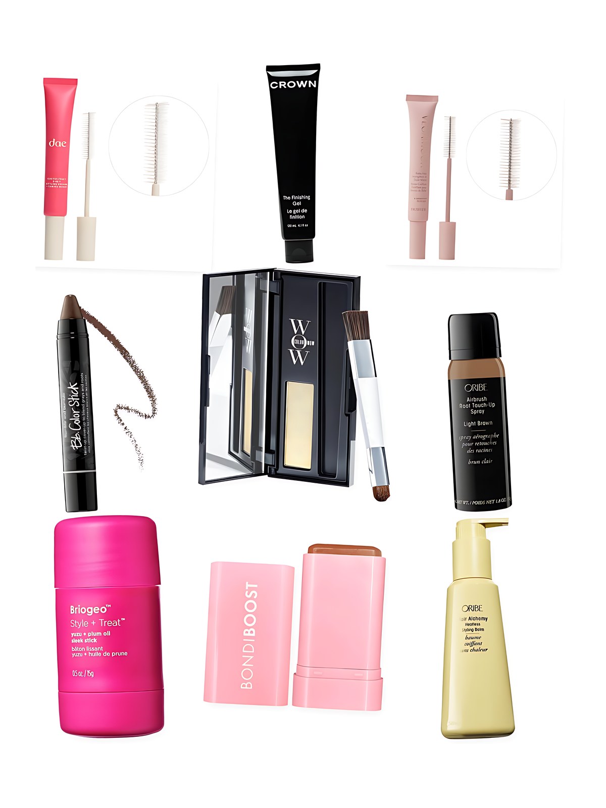 Collage on a white background showing dae Cactus Fruit 3-in-1 Styling Cream with Taming Wand, Oribe Hair Alchemy Heatless Hair Styling Balm, Color Wow Root Coverup Powder, Briogeo Style + Treat™ Hair Styling Sleek Stick, Crown Affair The Flexible Hold Finishing Hair Gel, Bumble and bumble Color Stick Root Coverup in Natural Shades, Vegamour Baby Hair Strengthen and Style Wand, BondiBoost Strawberry Gum Grip for Slick Back Styling and Oribe Airbrush Root Touch-Up Spray for Gray Coverage & Root Concealer.