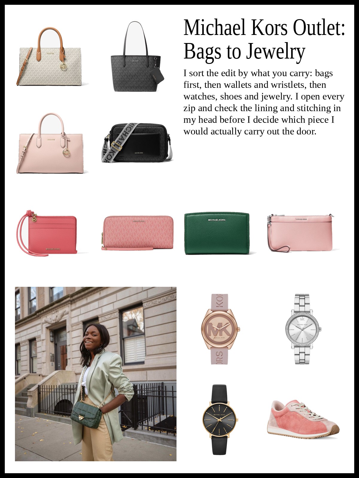 Collage of satchels, totes and crossbody bags, continental wallets and wristlets, and watches, trainers, pumps, a necklace and hoop earrings, and a mood photo of a green crossbody bag on a street-style outfit