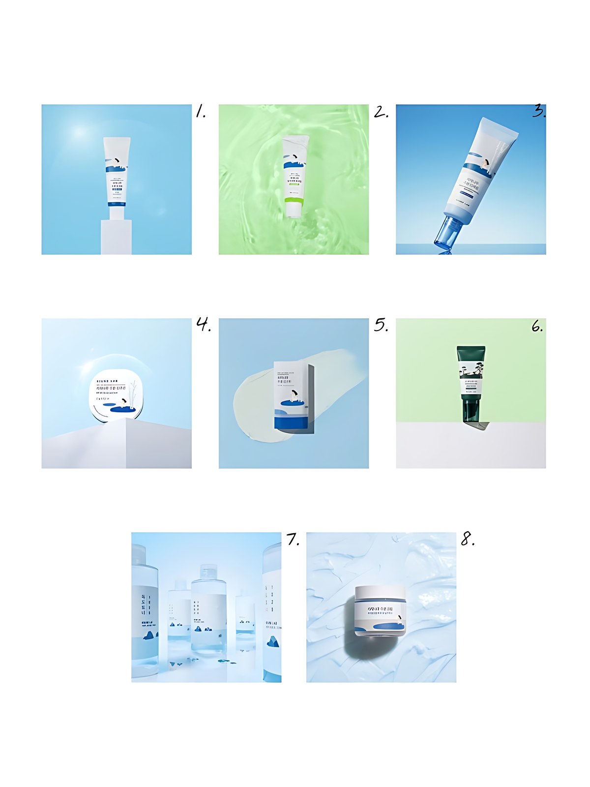 Numbered collage: 1. Round Lab Birch Moisturizing Sunscreen UVLock SPF 45 Broad Spectrum; 2. Round Lab Birch Mild-Up Sunscreen UVLock SPF 50 Broad Spectrum; 3. Round Lab Birch Juice Moisturizing Sun Serum SPF 50; 4. Round Lab Birch Moisturizing Sun Cushion SPF 50; 5. Round Lab Birch Moisturizing Sun Stick SPF 50; 6. Round Lab Pine Calming Cica Primer Sunscreen 50ml; 7. Round Lab 1025 Dokdo Toner; 8. Round Lab Birch Moisturizing Cream