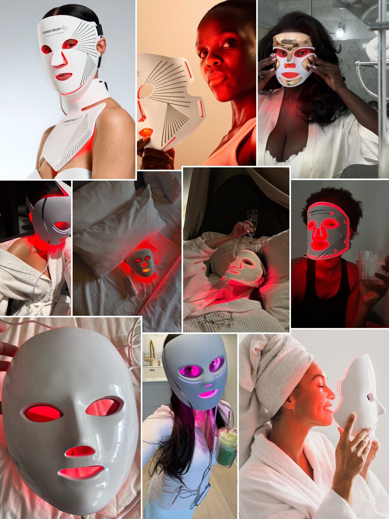 Collage of everyday outfits built around CurrentBody LED mask