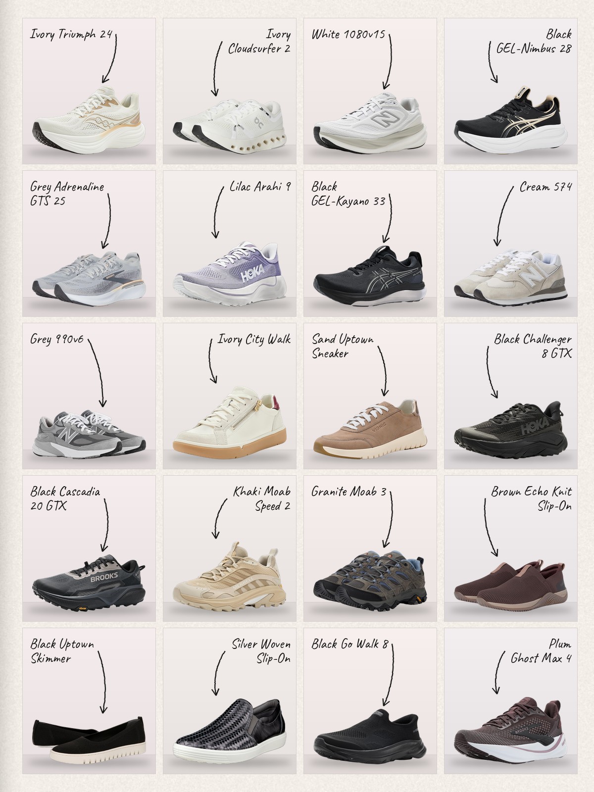 Collage of 20 pieces for walking shoes for women