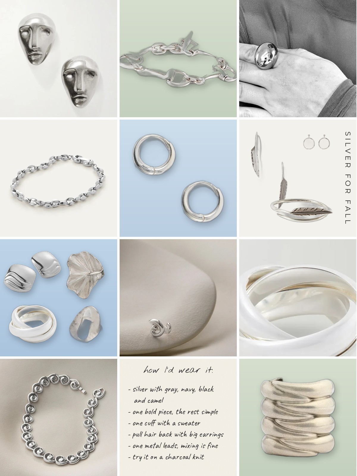 Collage: sculptural silver jewelry in a twelve-tile grid with styling notes