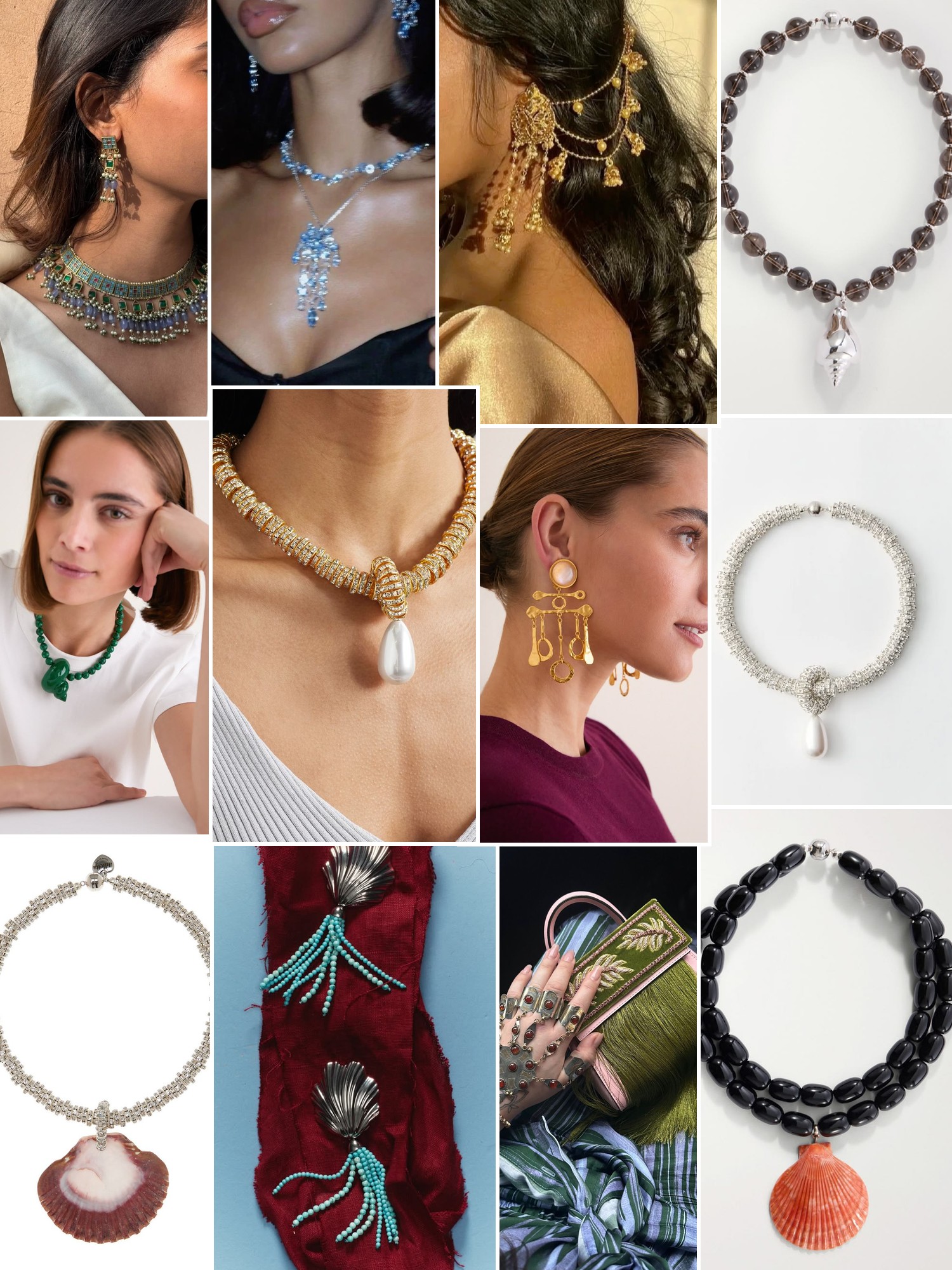Collage of rings, earrings and layered necklaces worn up close, in the spirit of Julietta