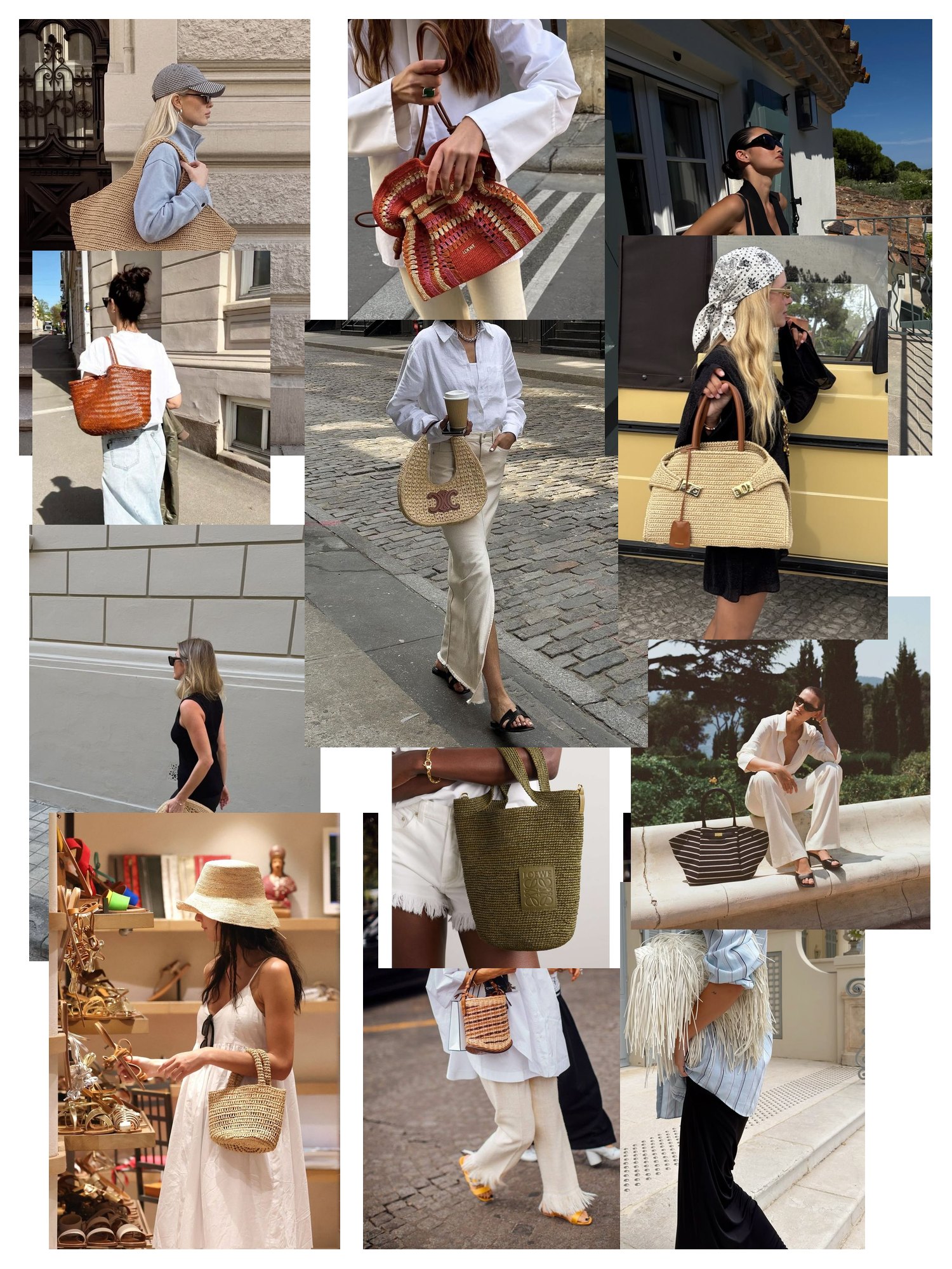 Street-style collage of 12 outfit photos featuring raffia bag, scattered and overlapping