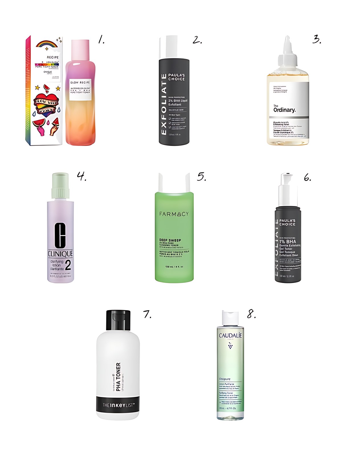Numbered collage: 1. Glow Recipe Watermelon Glow PHA + BHA Pore-Tight Toner; 2. Paula's Choice Skin Perfecting 2% BHA Exfoliating Toner for Clear Skin; 3. The Ordinary Glycolic Acid 7% Exfoliating and Brightening Daily Toner; 4. Clinique Clarifying Face Lotion 2 Toner for Gentle Exfoliation of Dry Combination Skin; 5. Farmacy Deep Sweep 2% BHA Pore Cleaning Toner with Moringa + Papaya; 6. Paula's Choice Skin Perfecting 1% BHA Gentle Exfoliating Gel Toner for Sensitive Skin; 7. The INKEY List Polyhydroxy Acid (PHA) Gentle Exfoliating Toner; 8. Caudalie Vinopure Salicylic Acid Pore Minimizing Toner