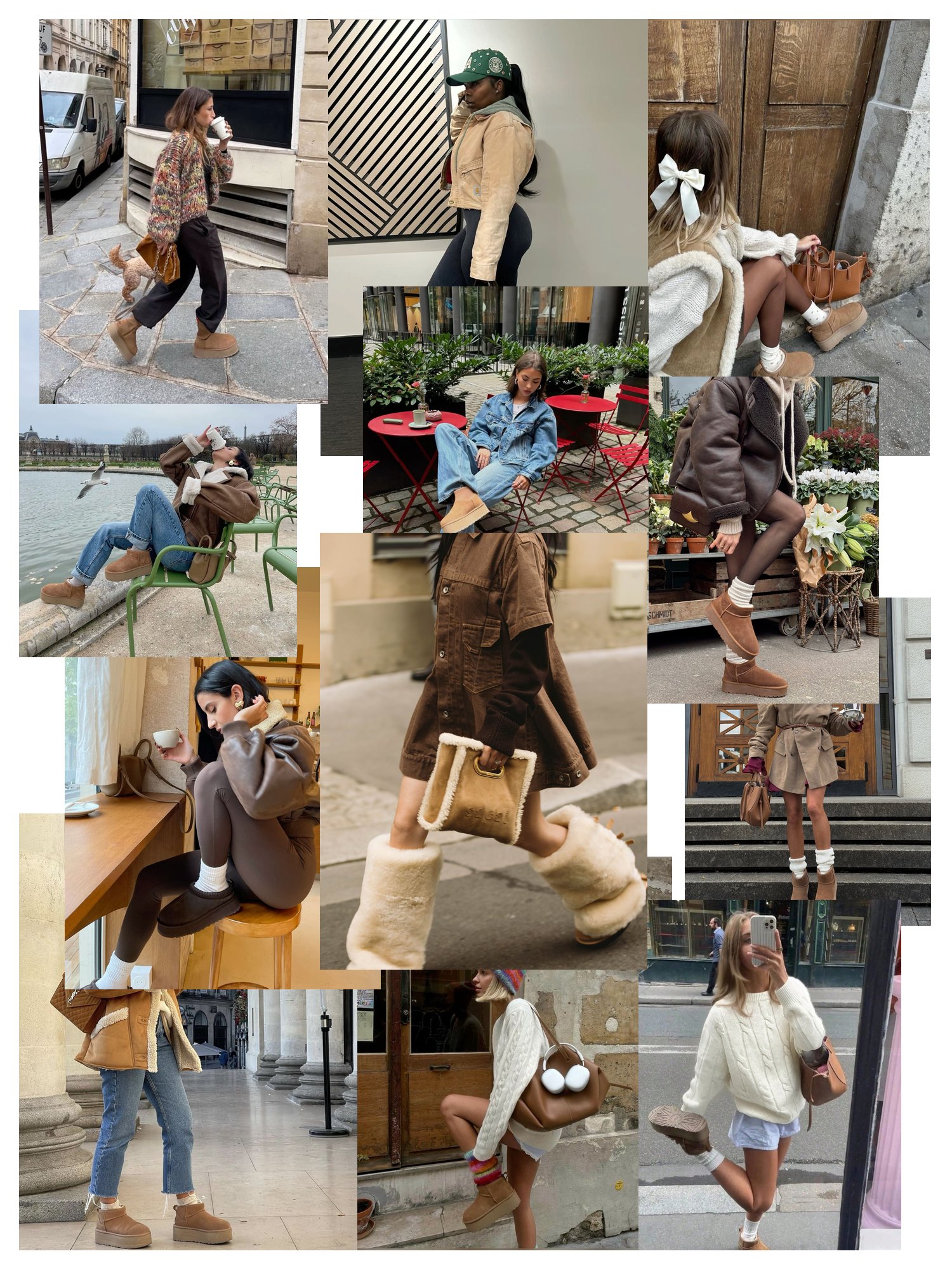 A collage of street style photos of UGG boots worn with jeans, coats and skirts in the city