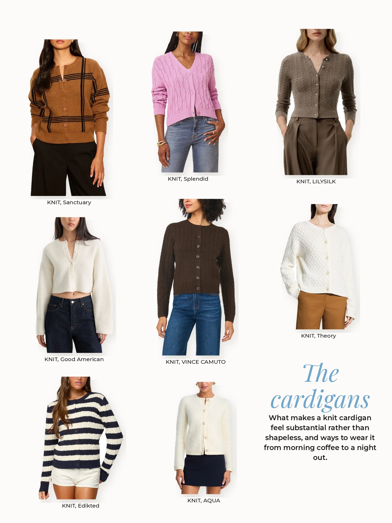 Cardigans collage: AQUA, Edikted, Good American, LILYSILK, Sanctuary, Splendid, Theory, VINCE CAMUTO
