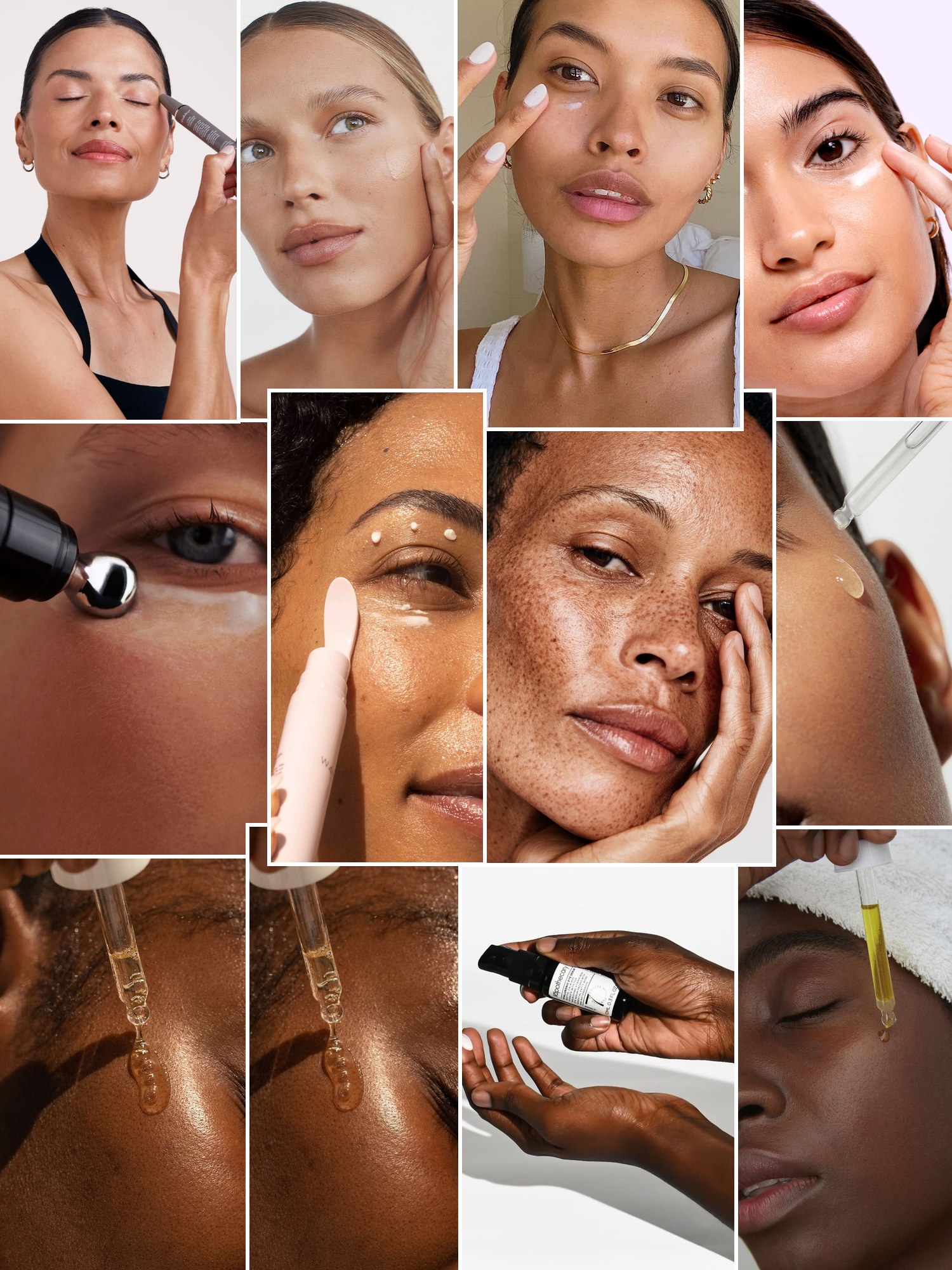 Collage of women applying eye serum with droppers and rollers