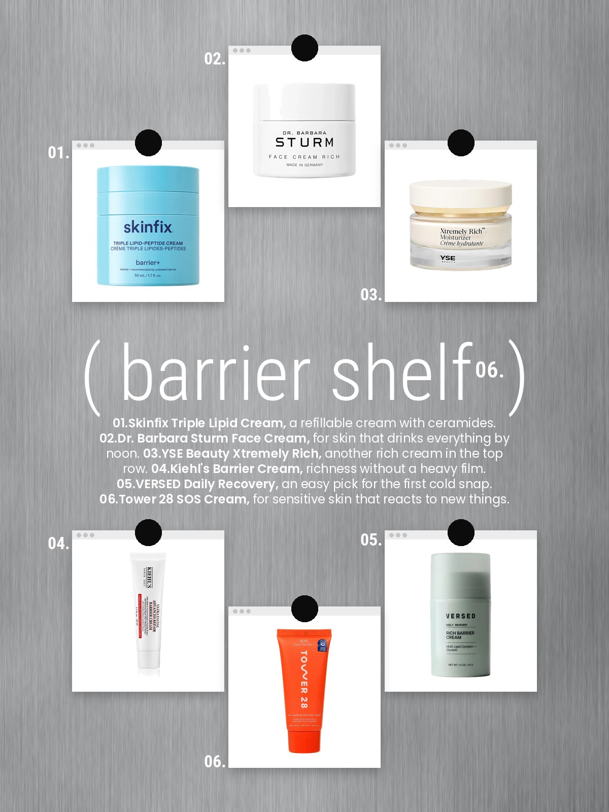 Loved lately cards collage of barrier creams from Skinfix, Dr. Barbara Sturm, YSE Beauty, Kiehl's, VERSED, and Tower 28.