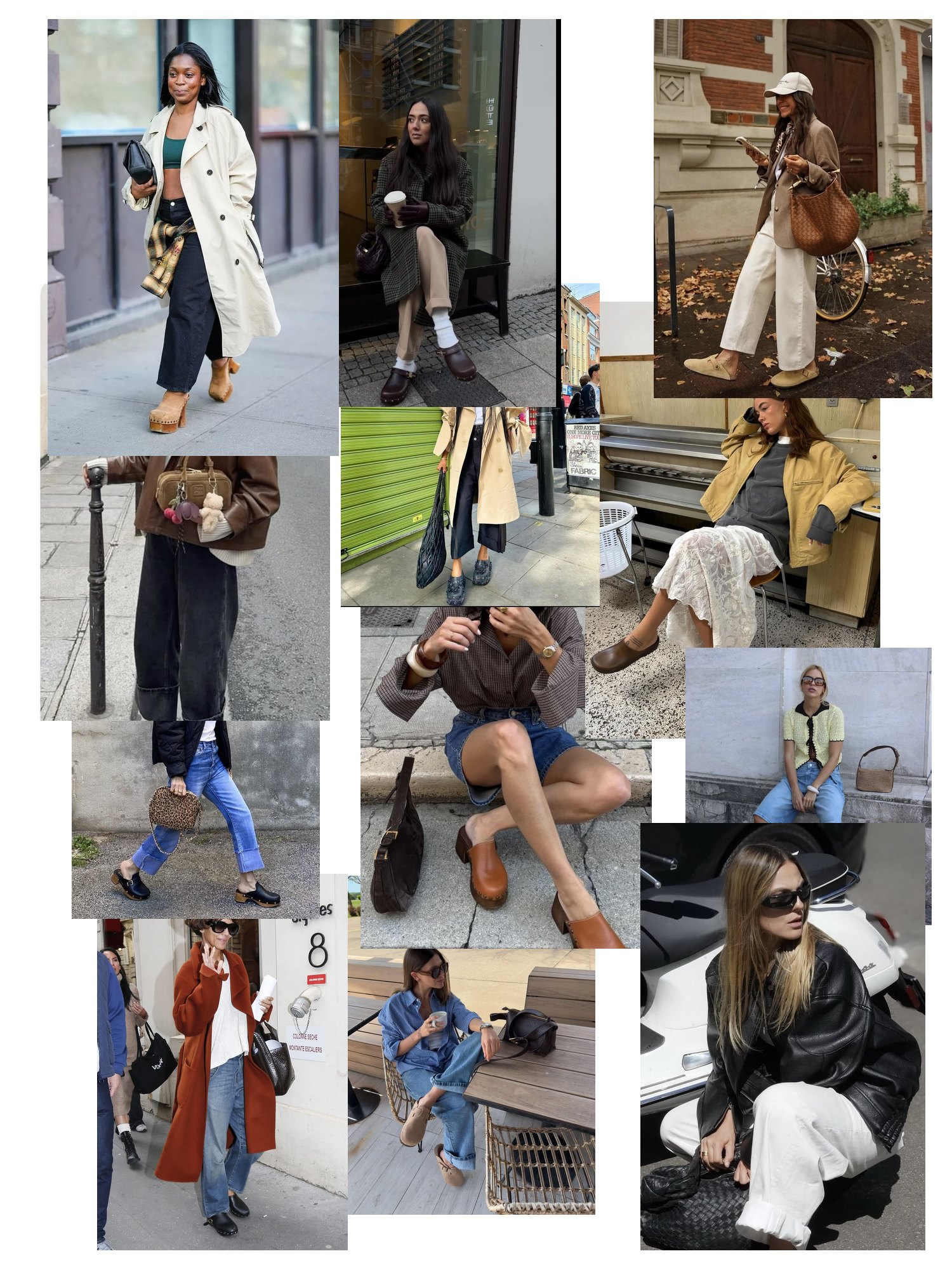 Street-style collage of 12 outfit photos featuring coach clogs, scattered and overlapping