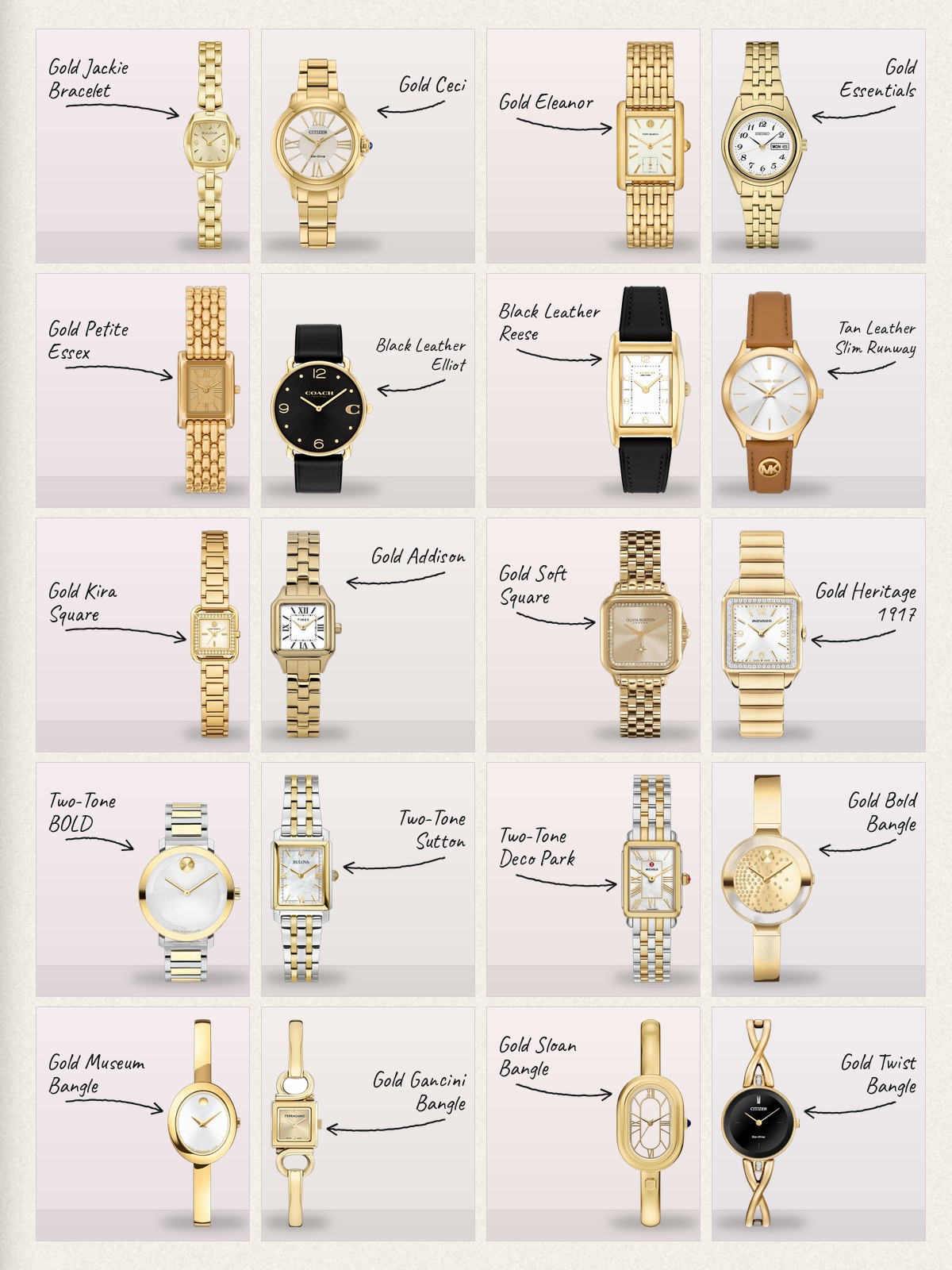 Collage of 20 pieces for gold watches for women