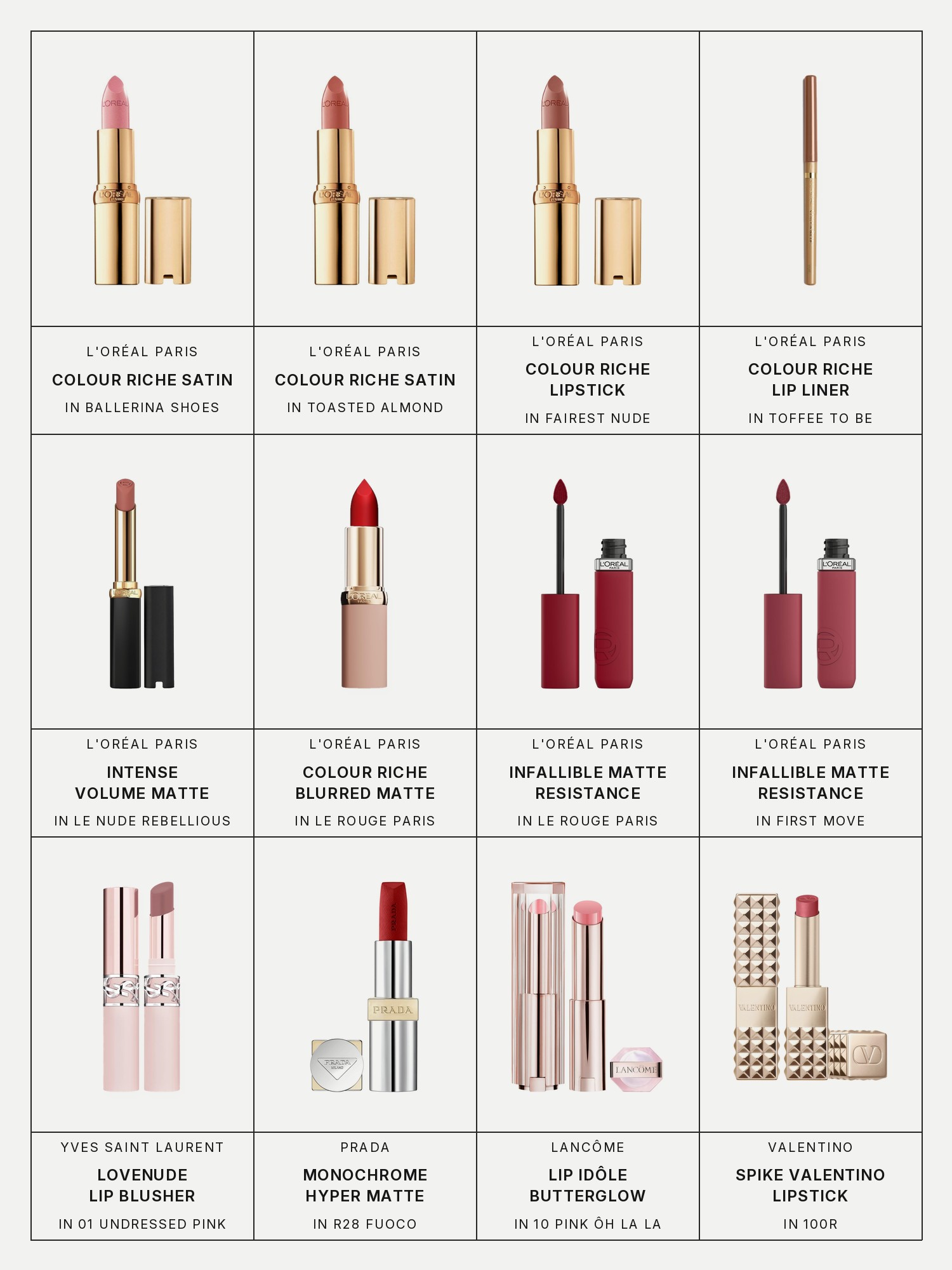 Twelve boxes on a pale gray page, one for each product in this edit, each with its brand and name printed below: L'Oréal Paris Colour Riche Original Satin Lipstick in Ballerina Shoes, L'Oréal Paris Colour Riche Original Satin Lipstick in Toasted Almond, L'Oréal Paris Colour Riche Lipstick in Fairest Nude, L'Oréal Paris Colour Riche Lip Liner in Toffee To Be, L'Oréal Paris Colour Riche Intense Volume Matte Lipstick in Le Nude Rebellious, L'Oréal Paris Colour Riche Blurred Matte Lipstick in Le Rouge Paris, L'Oréal Paris Infallible Matte Resistance Liquid Lipstick in Le Rouge Paris, L'Oréal Paris Infallible Matte Resistance Liquid Lipstick in First Move, Yves Saint Laurent Lovenude Lip Blusher Soft Blurring Lip Color in 01 Undressed Pink, Prada Monochrome Hyper Matte Refillable Lipstick in R28 Fuoco, Lancôme Lip Idôle Squalane-12 Butterglow Lip Balm in 10 Pink Ôh La La and Valentino Spike Valentino Buttery Matte Lipstick in 100R.