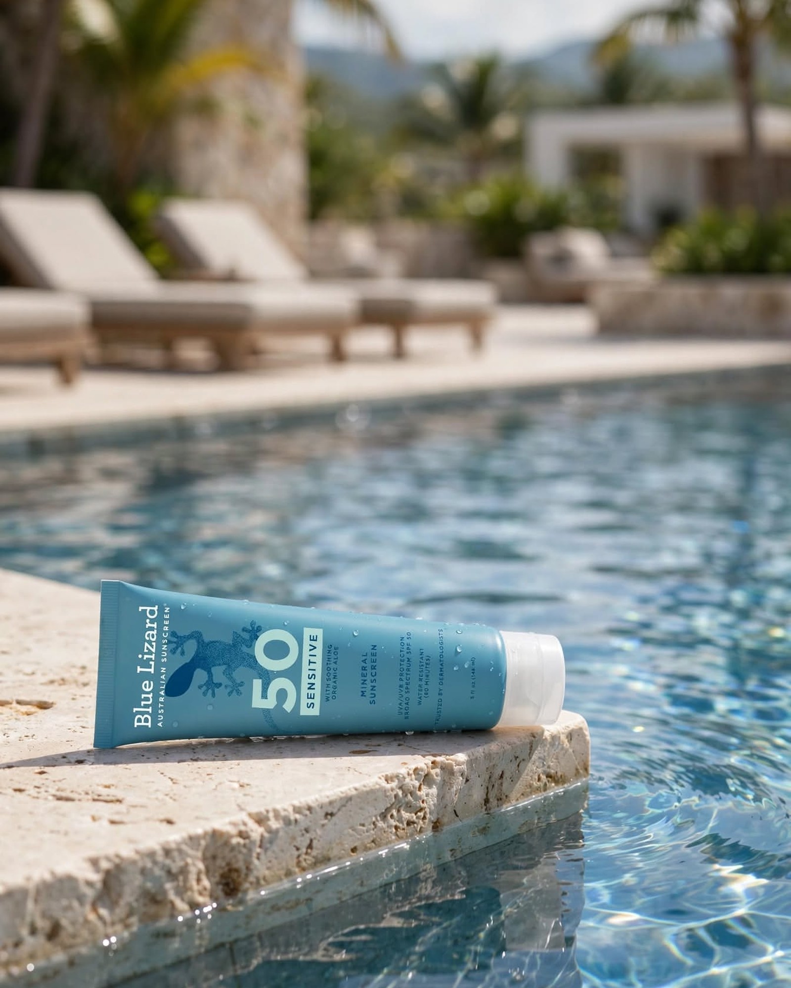 Blue Lizard Sensitive SPF 50 mineral sunscreen tube resting on a stone pool edge with lounge chairs behind