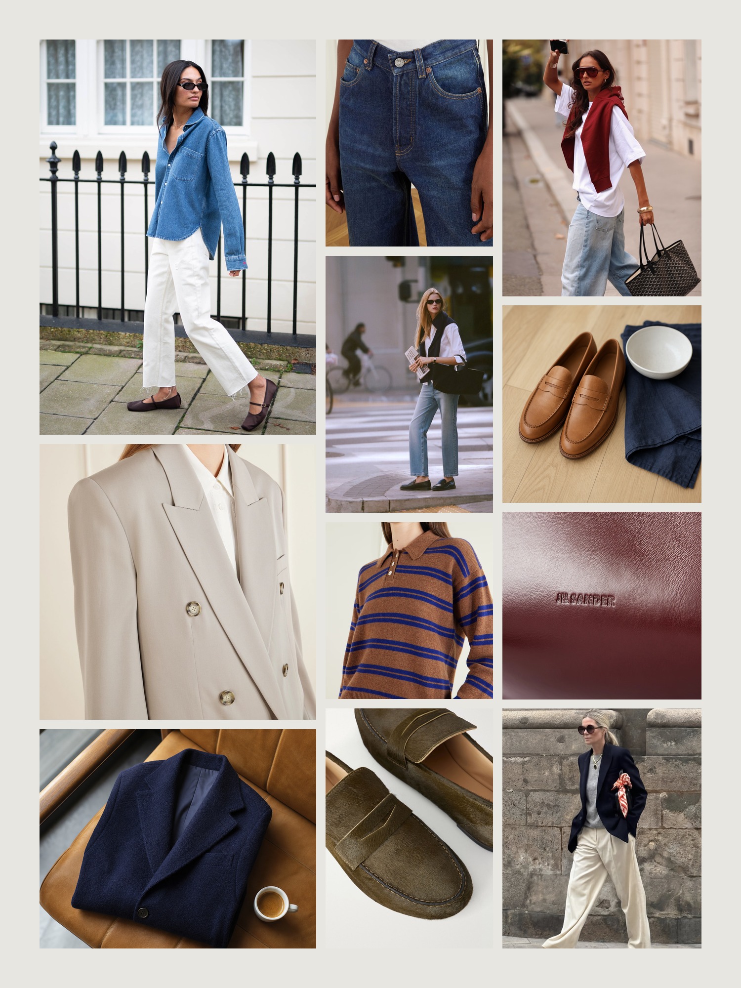 Mood board of smart casual dress code in navy, white and tan tailoring