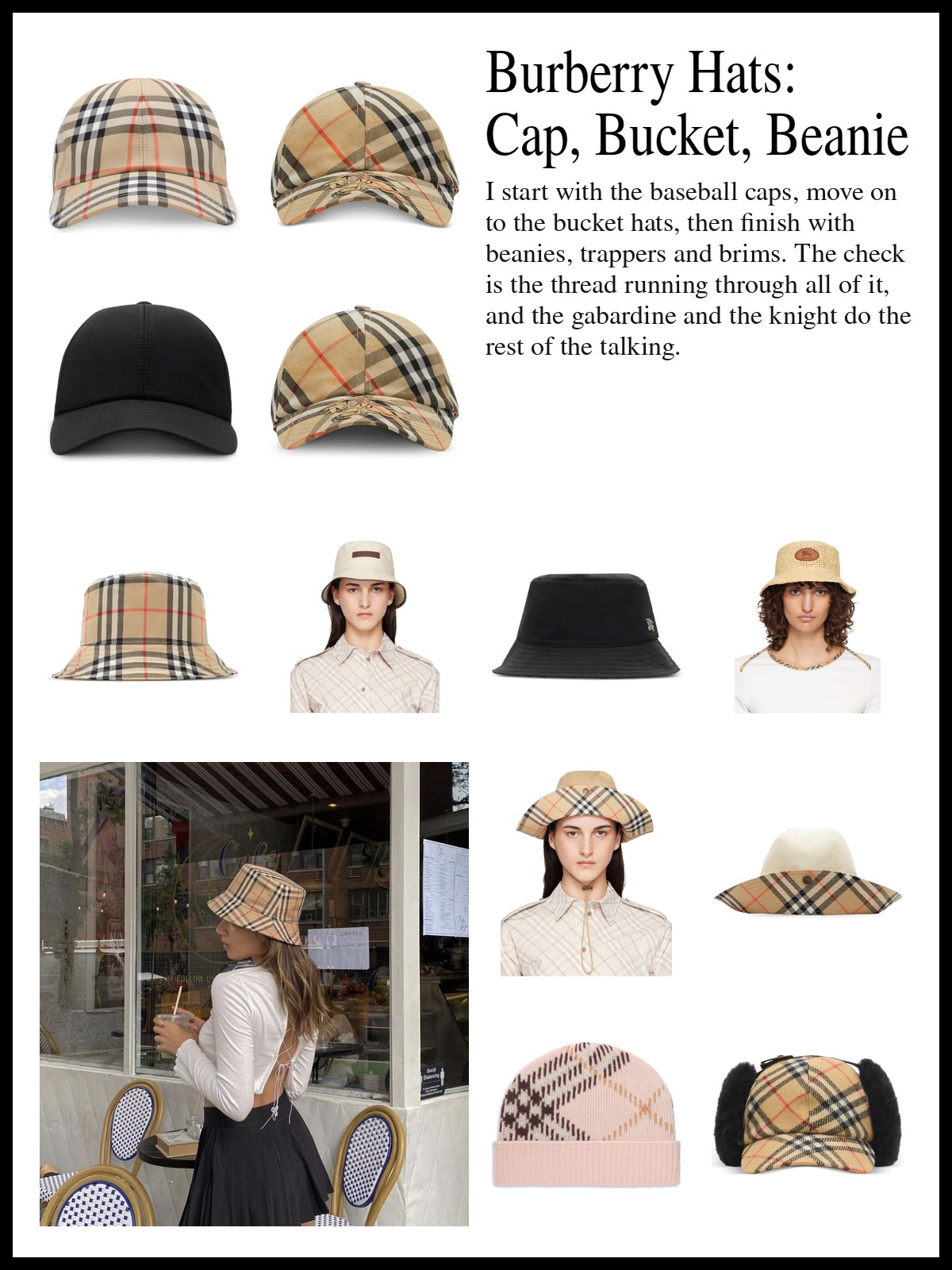 Collage of Burberry check baseball caps, bucket hats in check, nylon and denim, and beanies, trapper hats and brims, and a mood photo of a check bucket hat worn with a white open-back top outside a cafe.