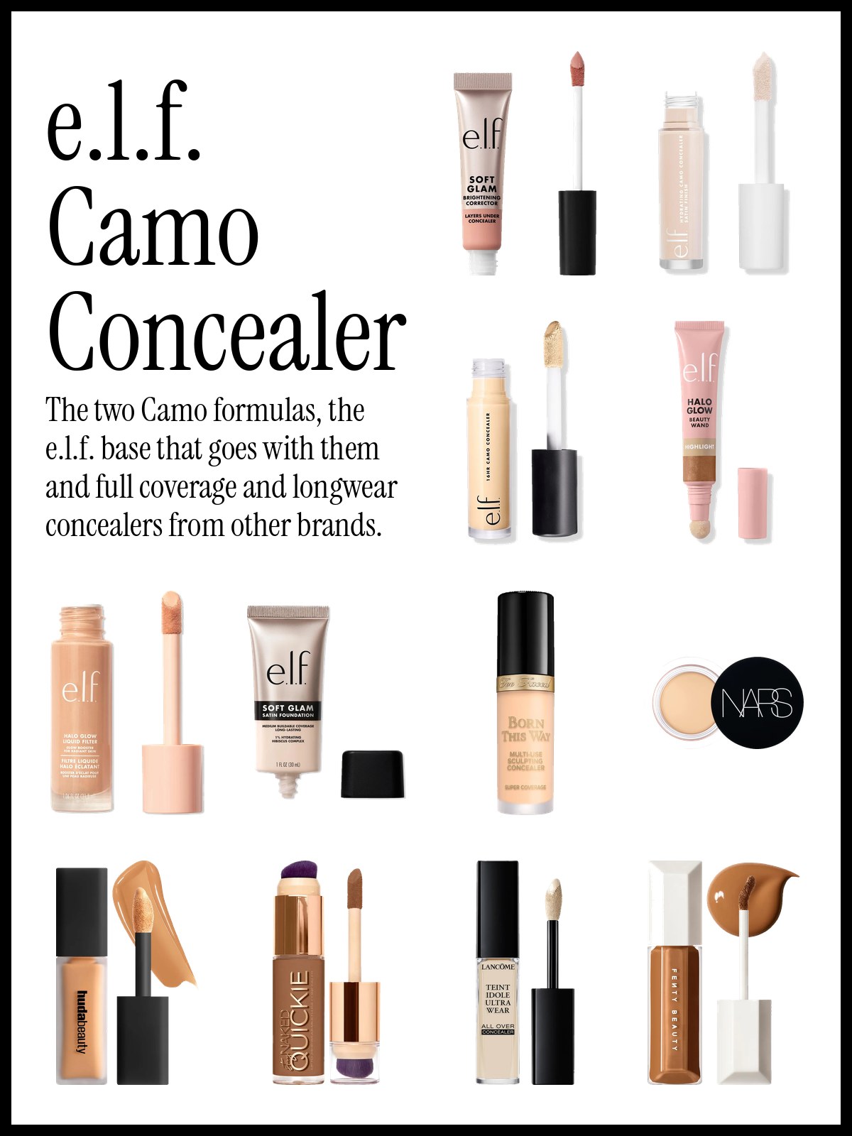 Collage of e.l.f. Hydrating Camo Concealer, 16HR Camo Concealer, the Halo Glow Liquid Filter and the Halo Glow Highlight Beauty Wand beside Too Faced, NARS, Huda Beauty and Urban Decay concealers