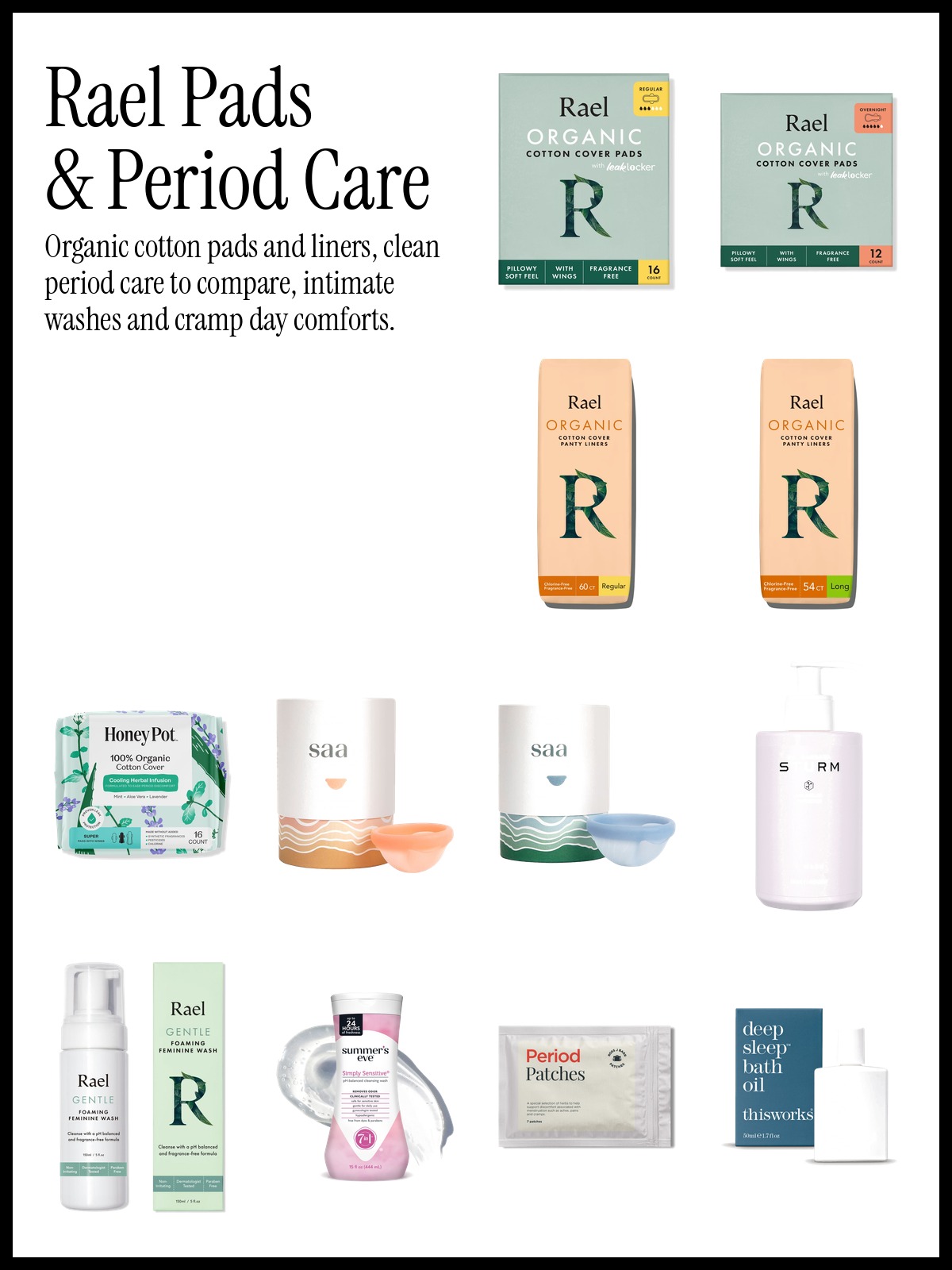 Collage of Rael Regular Organic Cotton Cover Pads, Honey Pot Cooling Herbal Infusion Pads and Dr. Barbara Sturm V Wash