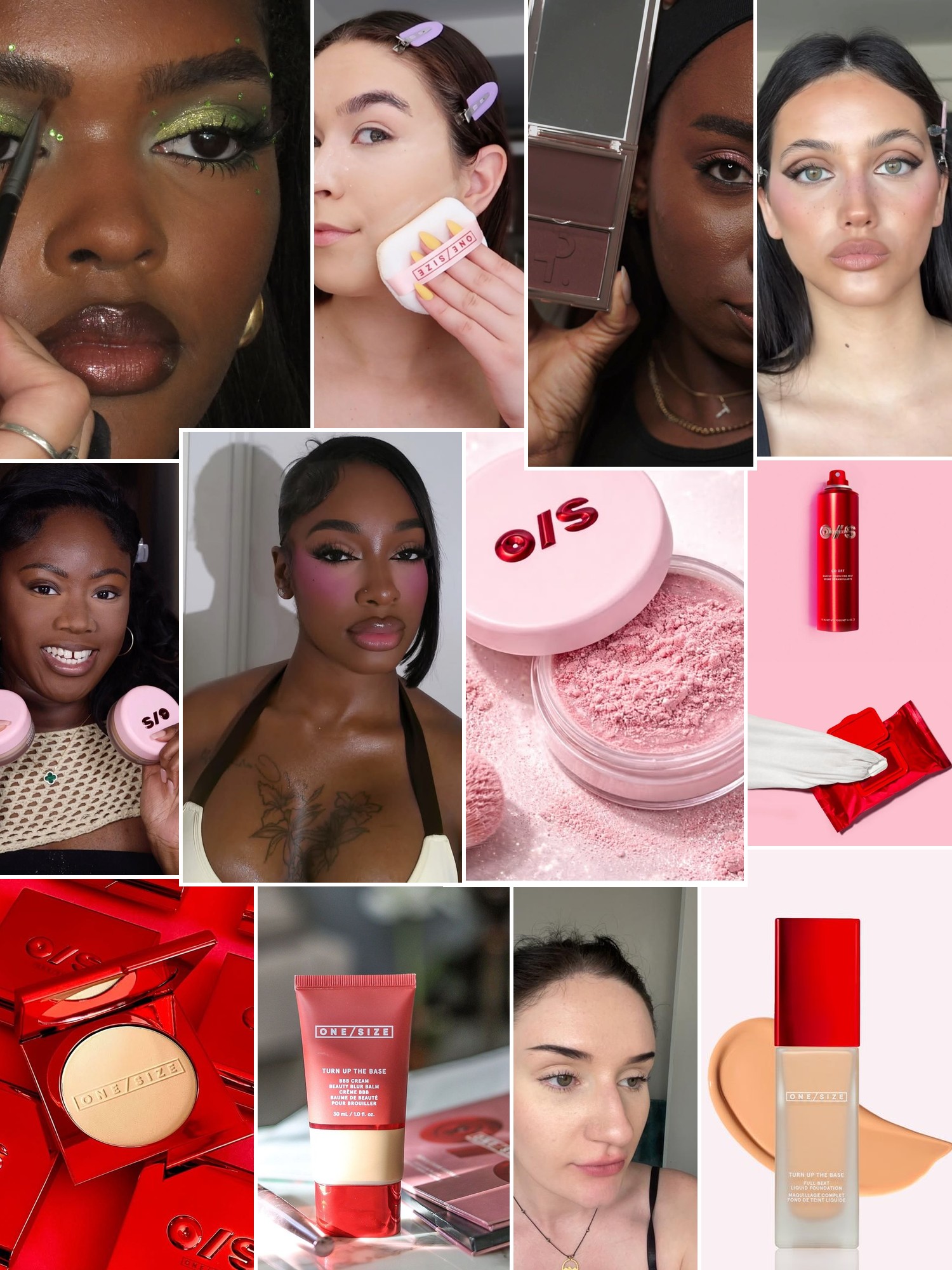 Collage of polished makeup looks, complexion products and soft pink beauty accents.