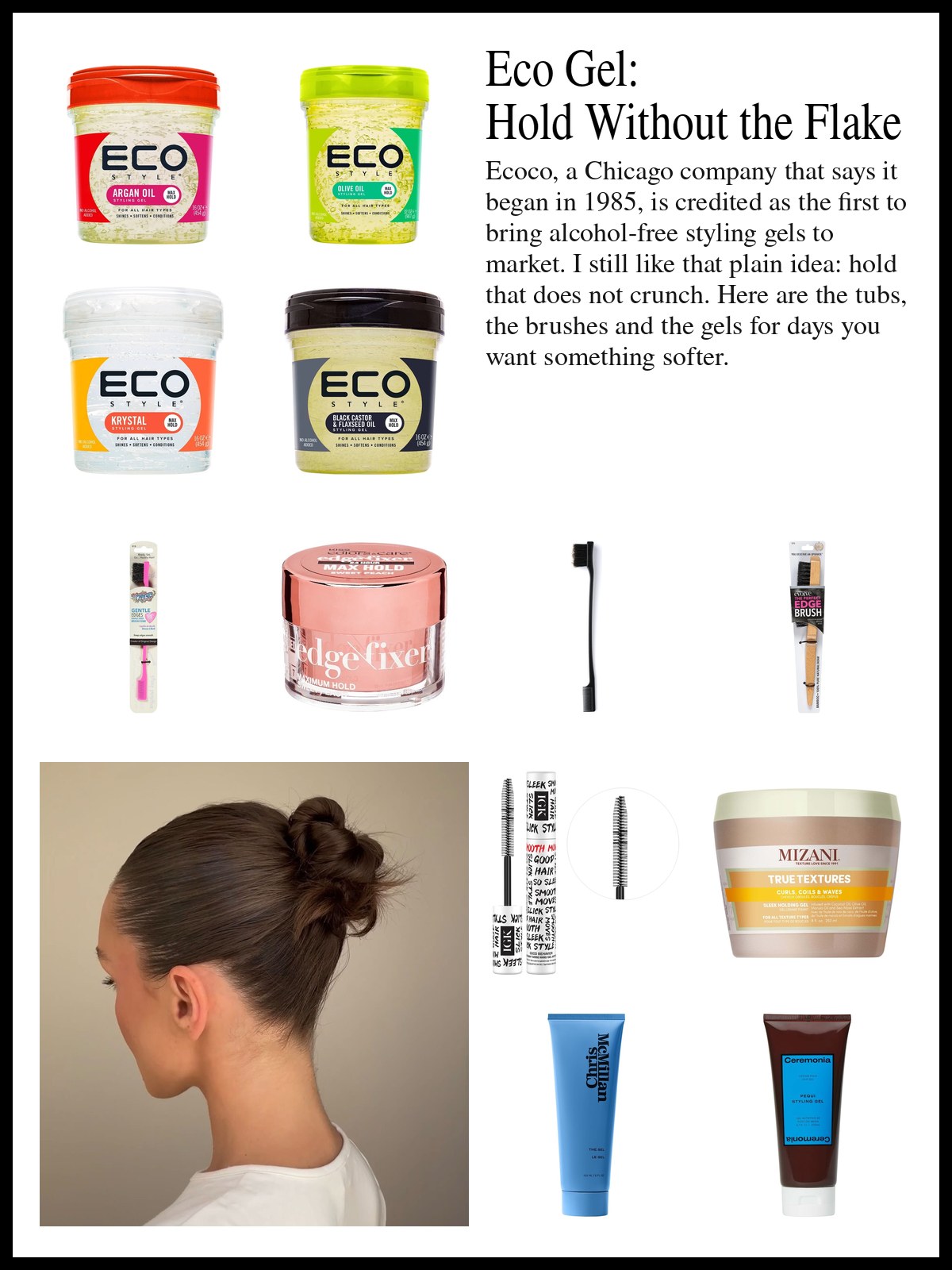 Collage of Eco Style styling gels, double-sided edge brushes and other brands' styling gels and jellies beside a mood photo of a sleek bun in profile.