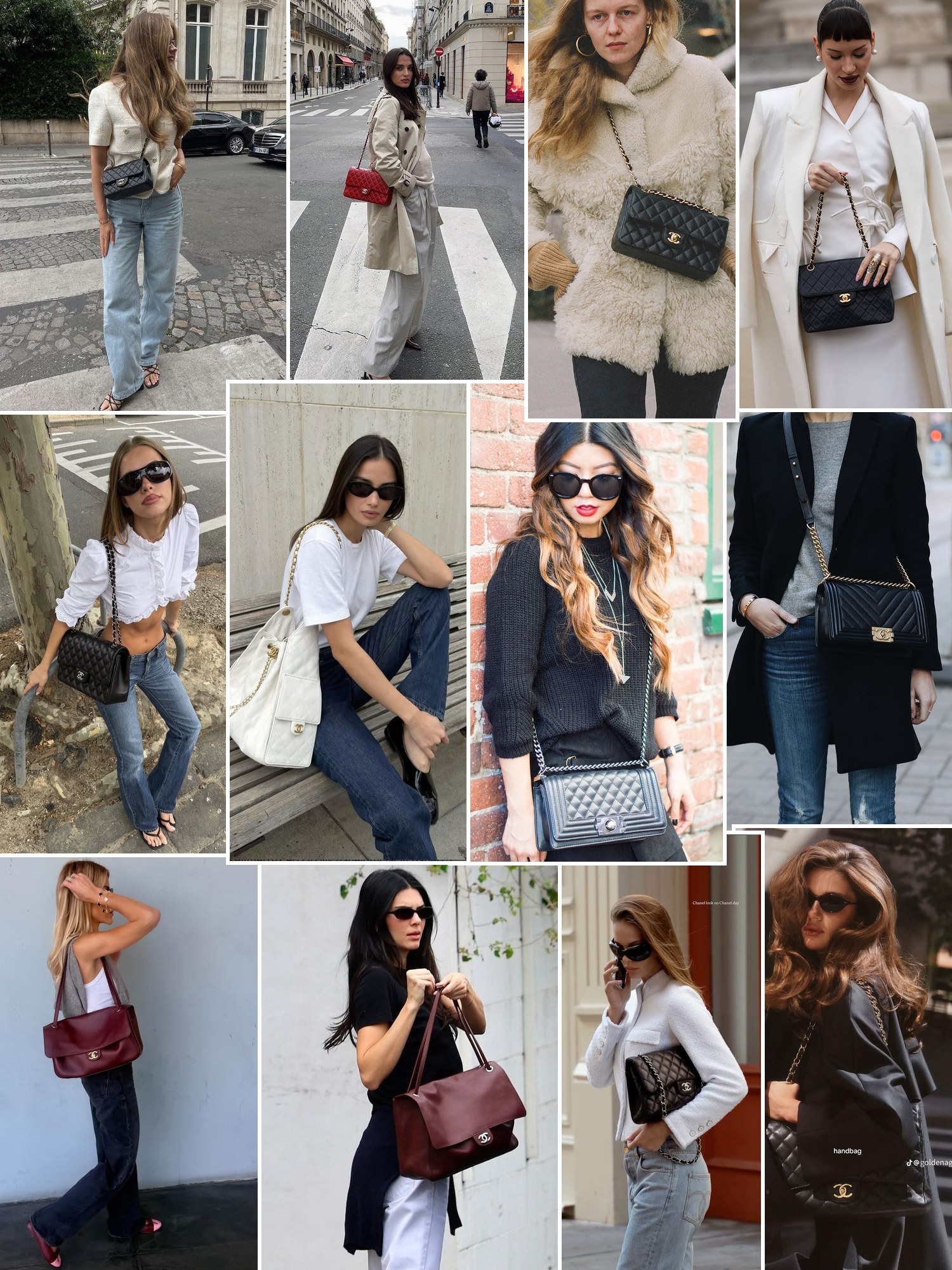 Street style collage of women wearing Chanel bag resale value