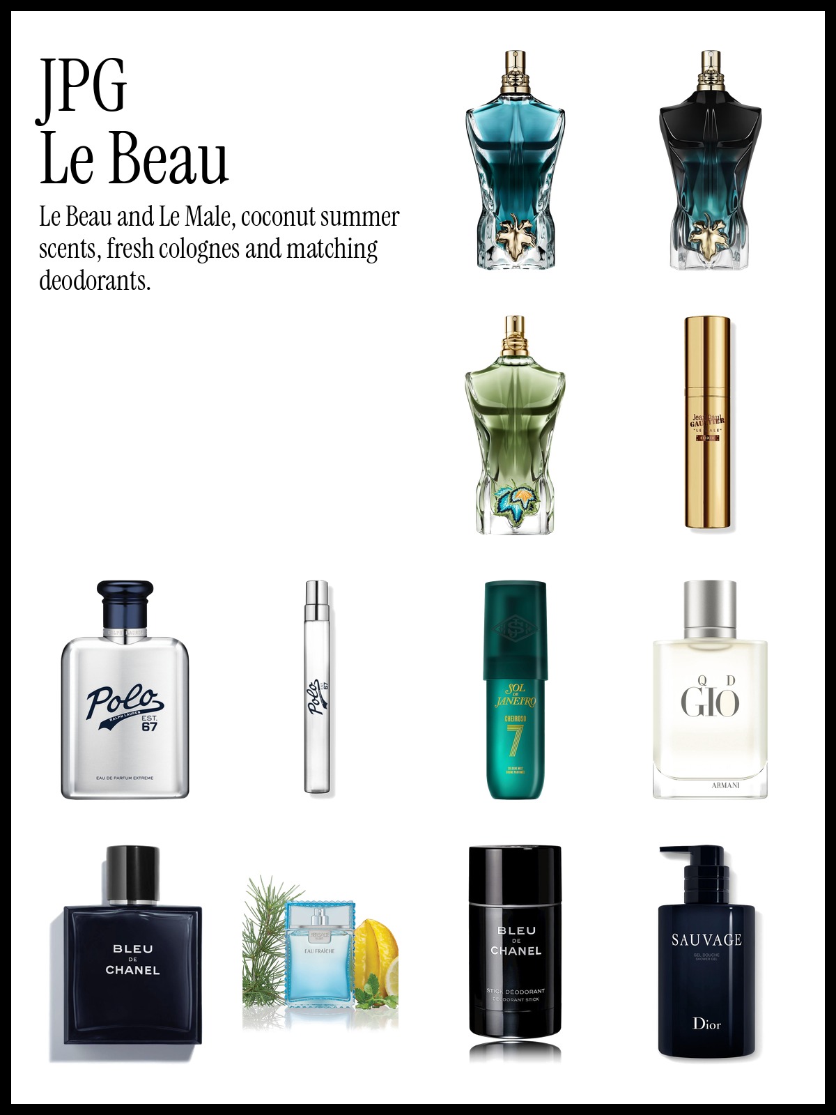 Collage of Jean Paul Gaultier Le Beau Eau de Toilette, Ralph Lauren Polo 67 Eau de Parfum Extreme and Armani Acqua di Giò Eau de Toilette