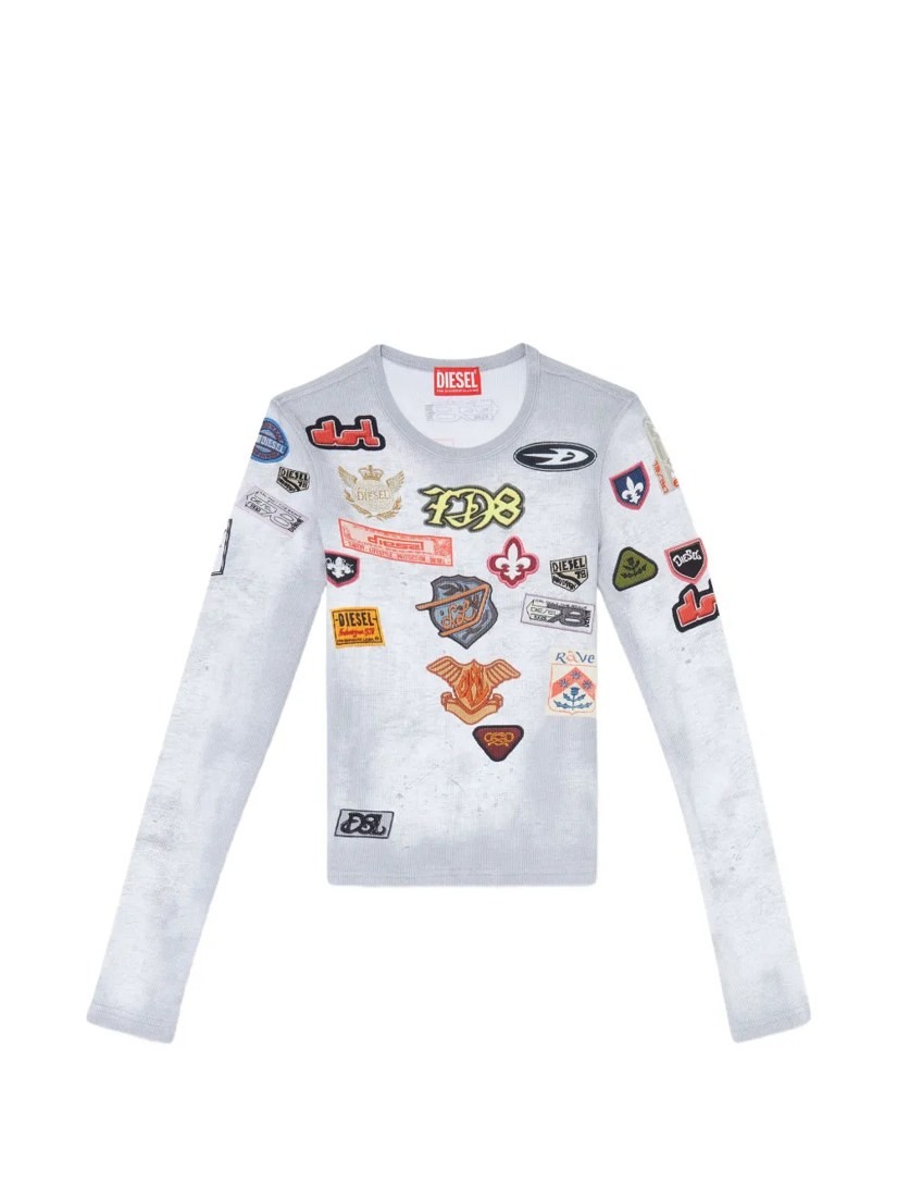 Top in ribbed jersey with all-over patch print
