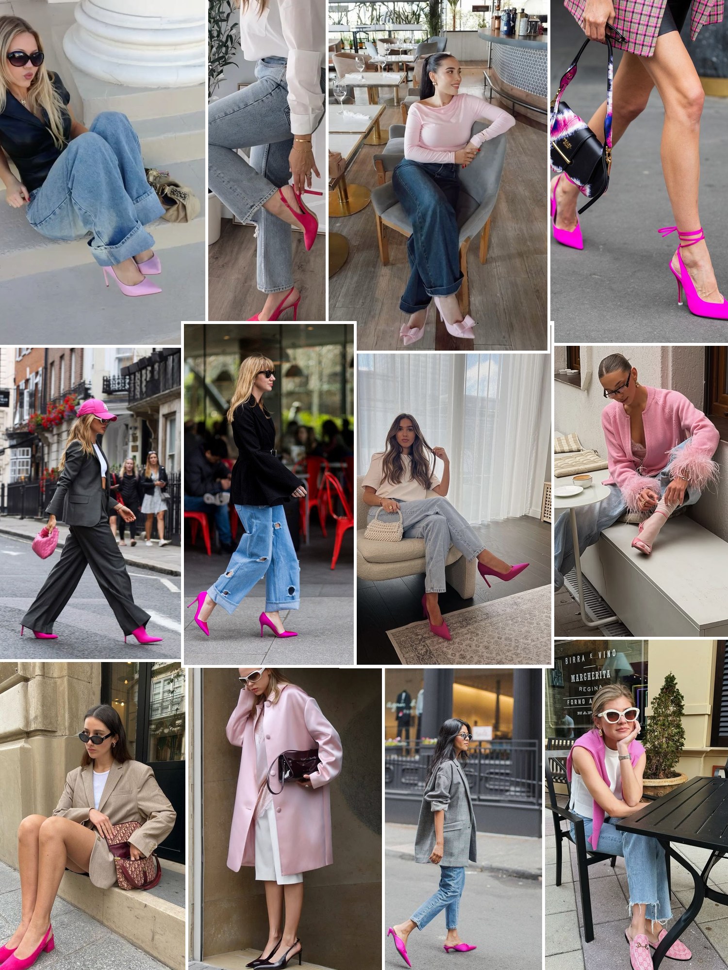 Collage of outfit photos styled with pink pumps, slingbacks and stilettos