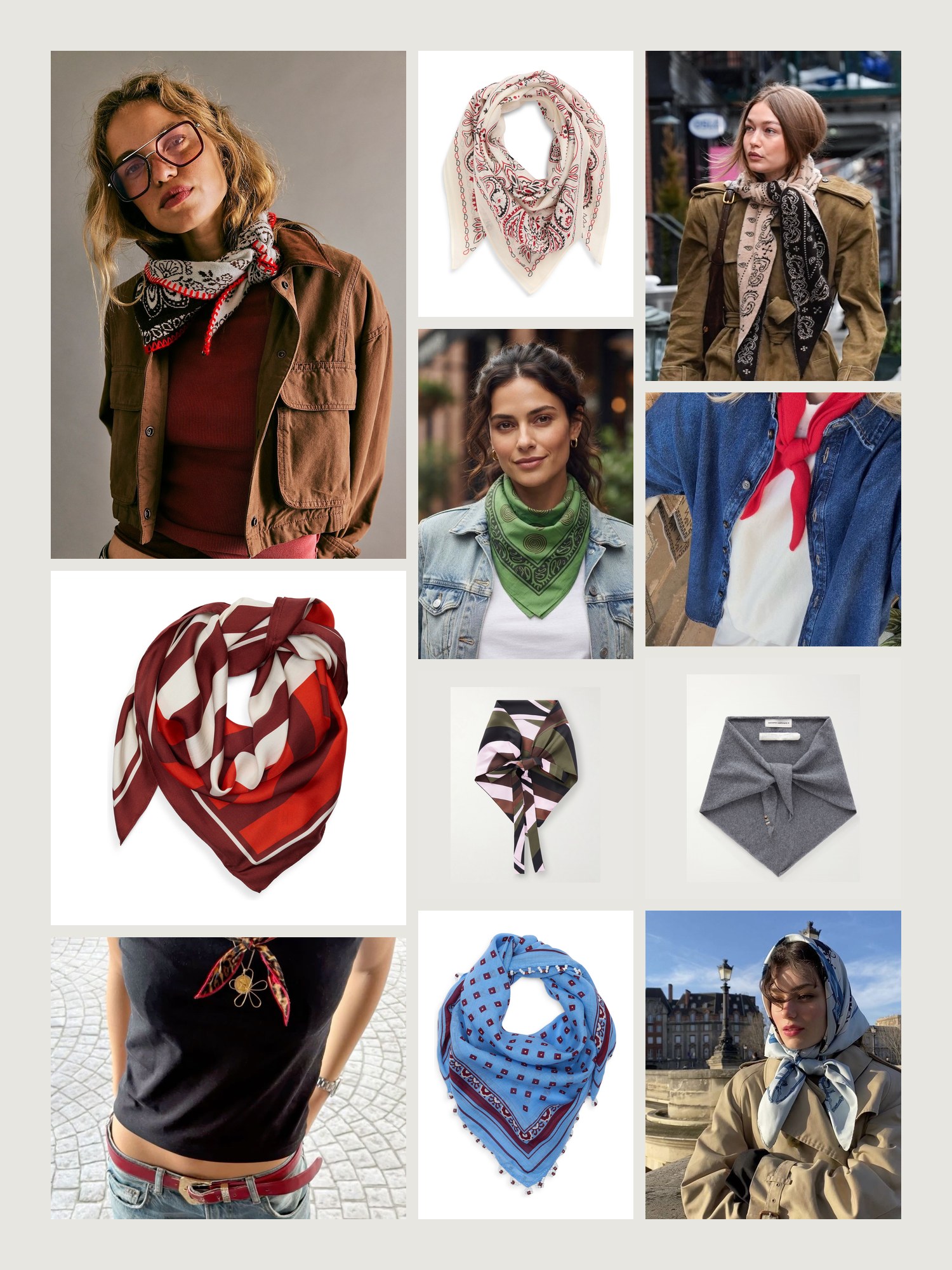Mood board for Bandana Scarf: street-style photos, close-up details and product shots from this edit