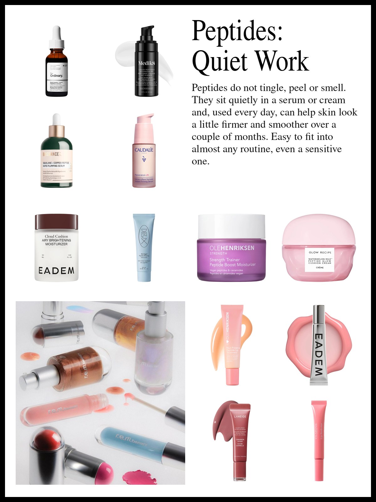 Collage of serums, moisturizers and lip treatments with peptides beside a photo of lipsticks and serum bottles on a white surface.